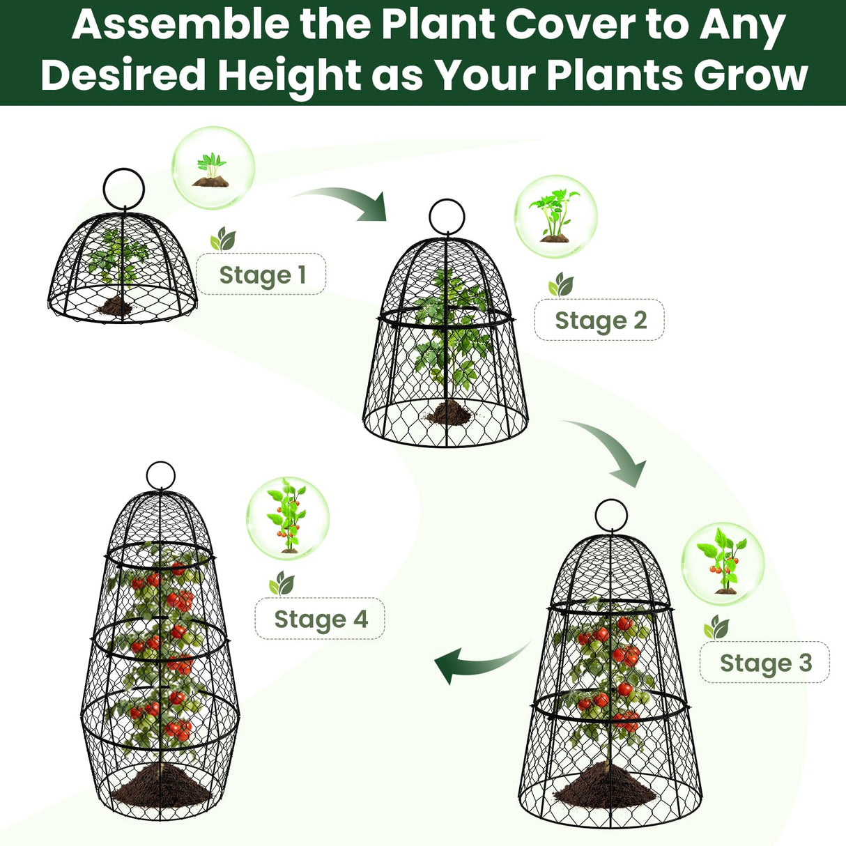 6 Pack Garden Cloche Plant Protectors from Animals, Adjustable 3-Tier Chicken Wire Plant Cages for Outdoor Plants, Stackable Metal Garden Cloches Keep Rabbits, Squirrels & Birds Away, 17.3" x 11.4"