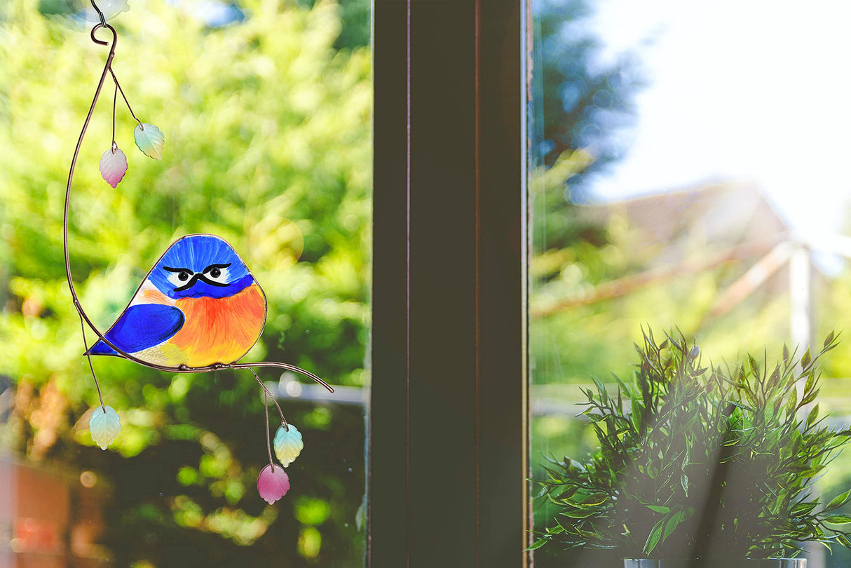 Lolitarcrafts Grumpy Owl Stained Glass Suncatcher Bluebird Stained Window Painting Bird Hanging