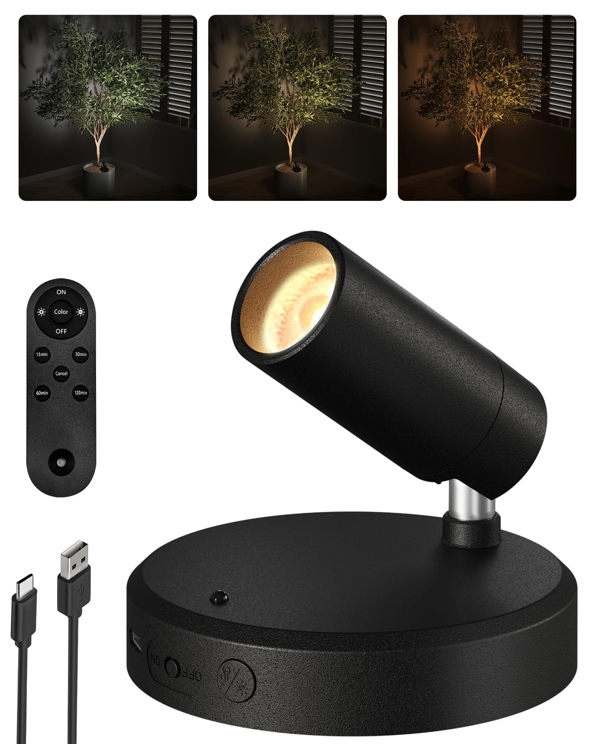 EZVALO Wireless LED Spotlights Indoor, 5500mAh Rechargeable Battery-Powered Plant Spotlights, Dimmable & Timer, 3-CCT Small Up Lights with Remote, Accent Uplighting for Artwork, Trees (Black)