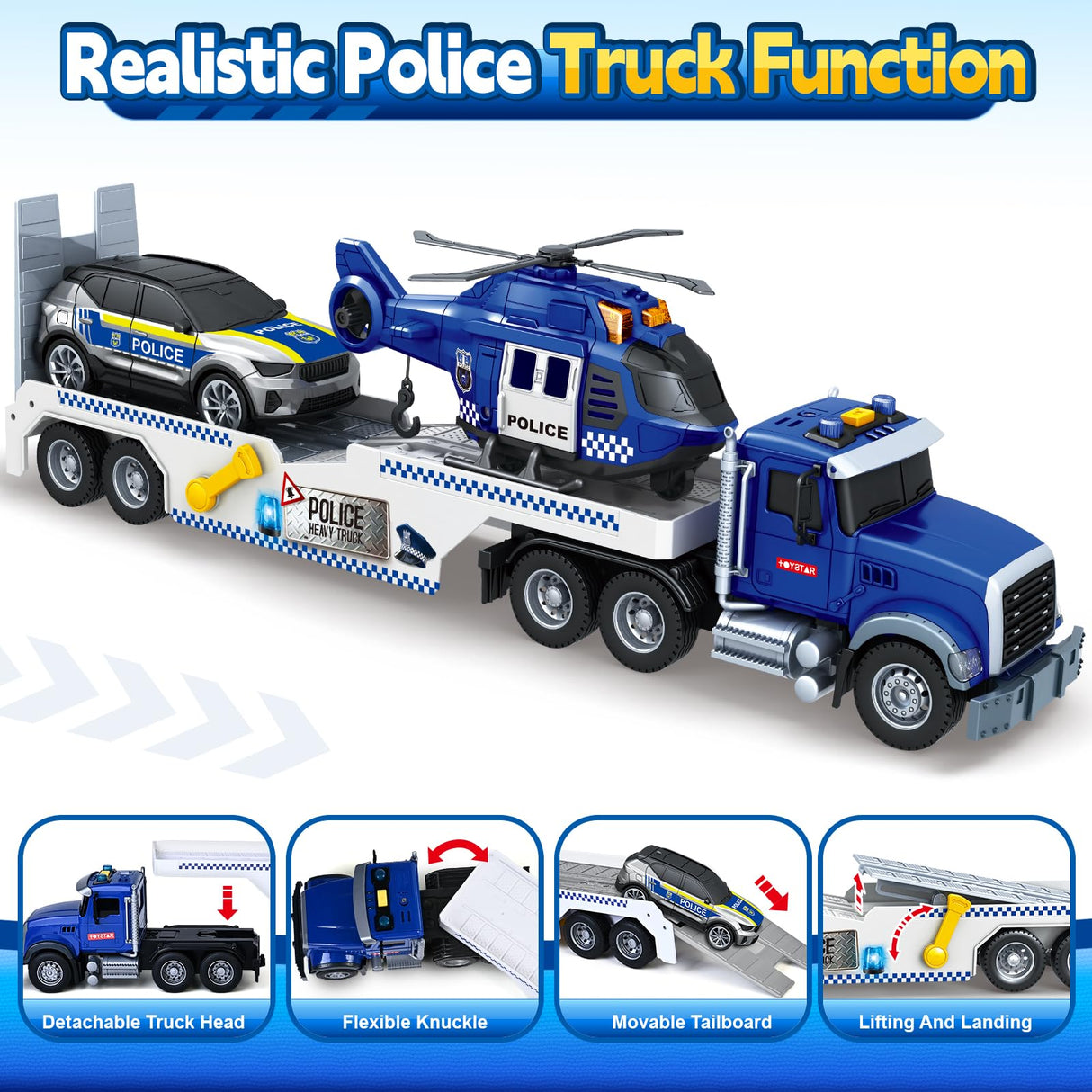 Kids Toys for 3 4 5 6 7 8 Years Old Boys, 20.5" Police Truck Toy with Racing Car and Helicopter, Toddler Friction Powered Truck Vehicle Toy with Lights, Sounds for Boys Girls Christmas Birthday Gifts