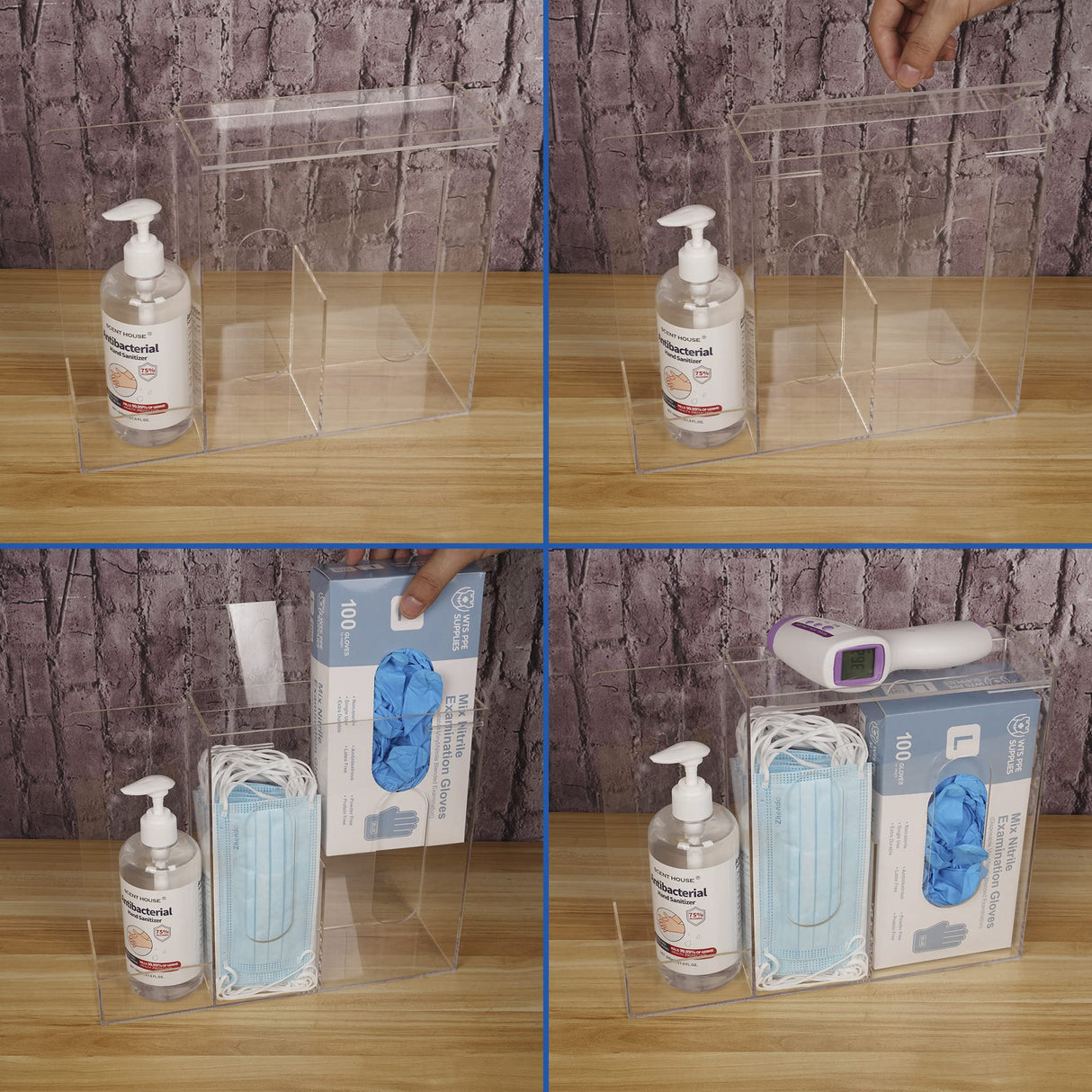 SEANADO Face Mask Dispenser 3 Compartment Acrylic Glove Box Holder Hygiene Station for Disposable Face Masks, Emesis Bag, Shoe Cover and Hairnet, Wall Mount Holes or Tabletop Holder (Clear)