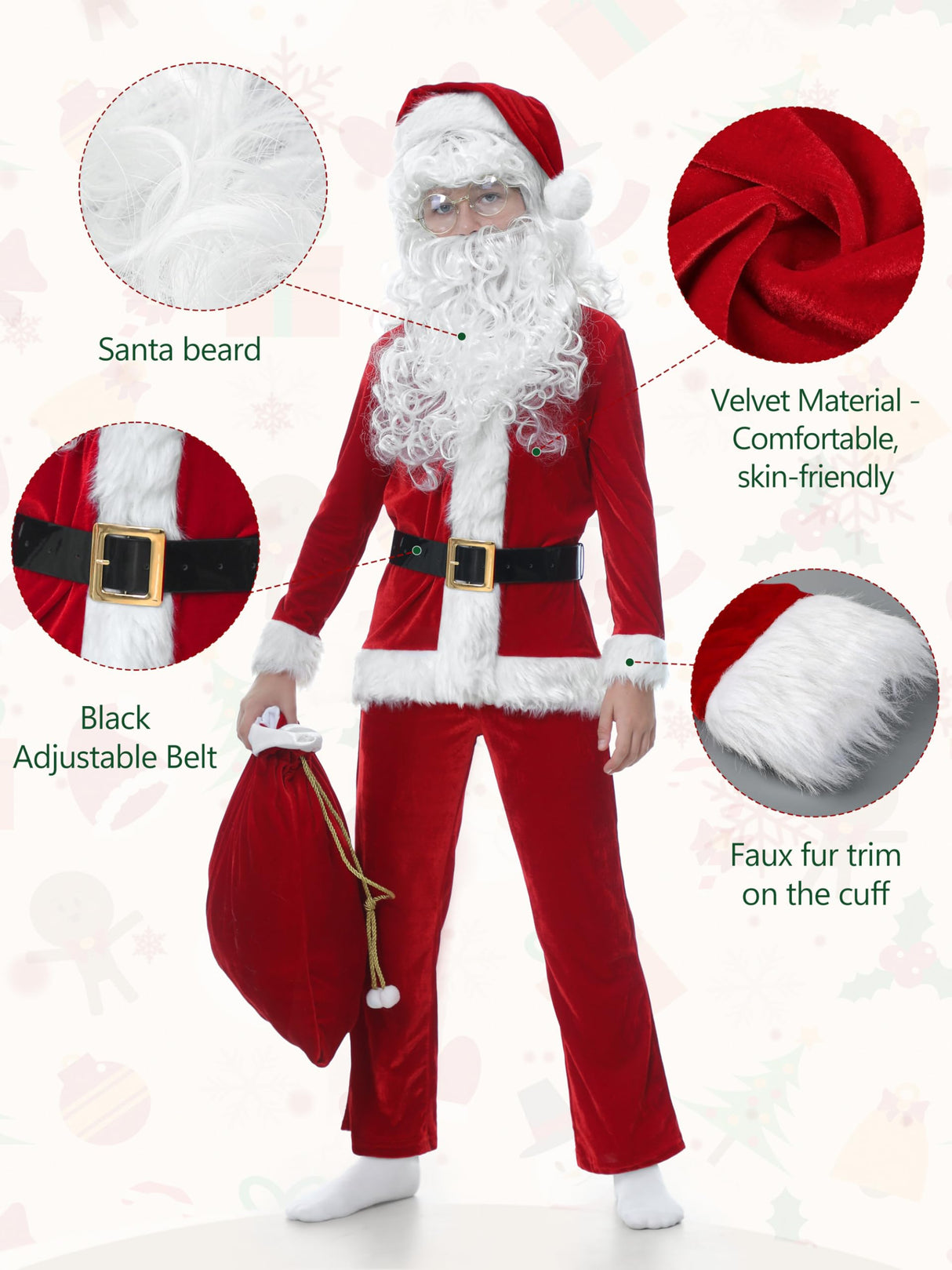 FancyFun Santa Claus Costume for Kids, 9PCS Boys Christmas Suit Kids Santa Costume Outfit Velvet For Boys Christmas Cosplay, 8-10Years