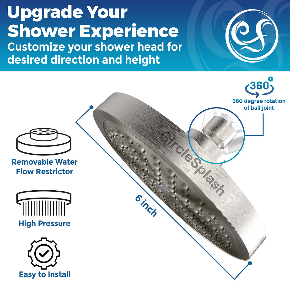 High Pressure Shower Head - Anti-Clogging Silicone Nozzles 2.5 GPM Removable Restrictor - Easy to Clean and Install - Includes Plumbers Tape - 6 inch - (Brushed Nickel 2.5GPM)