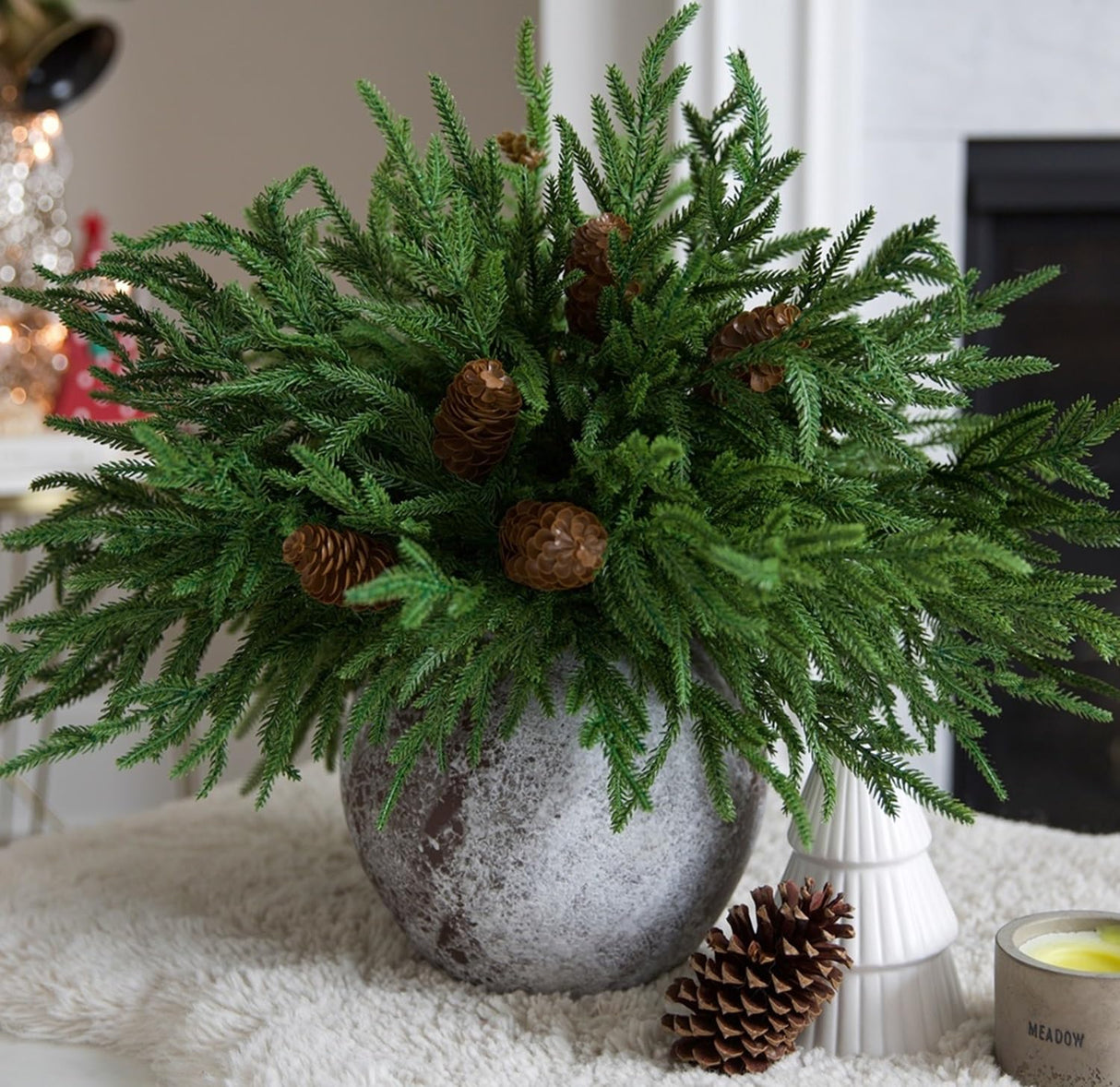 florisso Artificial Christmas Norfolk Pine Stems Branches for Vases,12 Bundles Faux Pine Branches with 5 PCS Big Pinecones Stems Fake Greenery Evergreen Real Touch for Holiday Winter Table Xmas Decor
