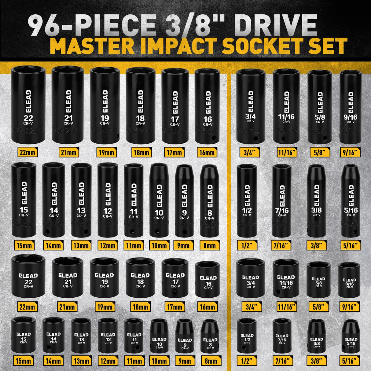 96-Piece 3/8" Drive Impact Socket Set, SAE(5/16 to 3/4-Inch) & Metric(8-22mm), Standard & Deep Sockets, Ratchet Handle, Bit Set, Universal Joint, Extension Bar, Adapters, Spark Plug Sockets