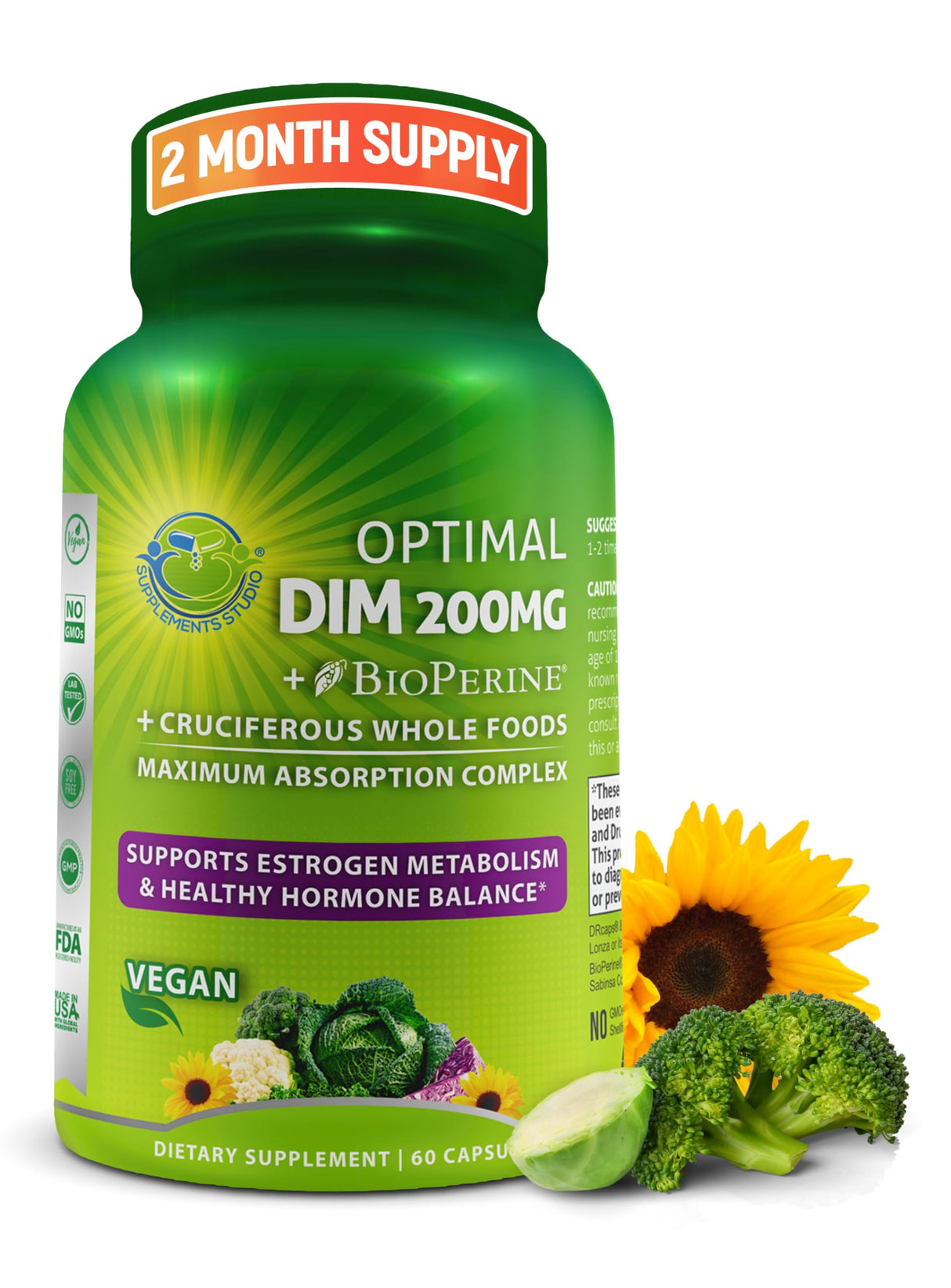 Optimal DIM 200mg Supplement for Women and Men - Made with Organic Whole Foods - Estrogen & Hormone Balance Support Diindolylmethane Complex - Maximum Absorption Delayed-Release Capsules - 60 Count