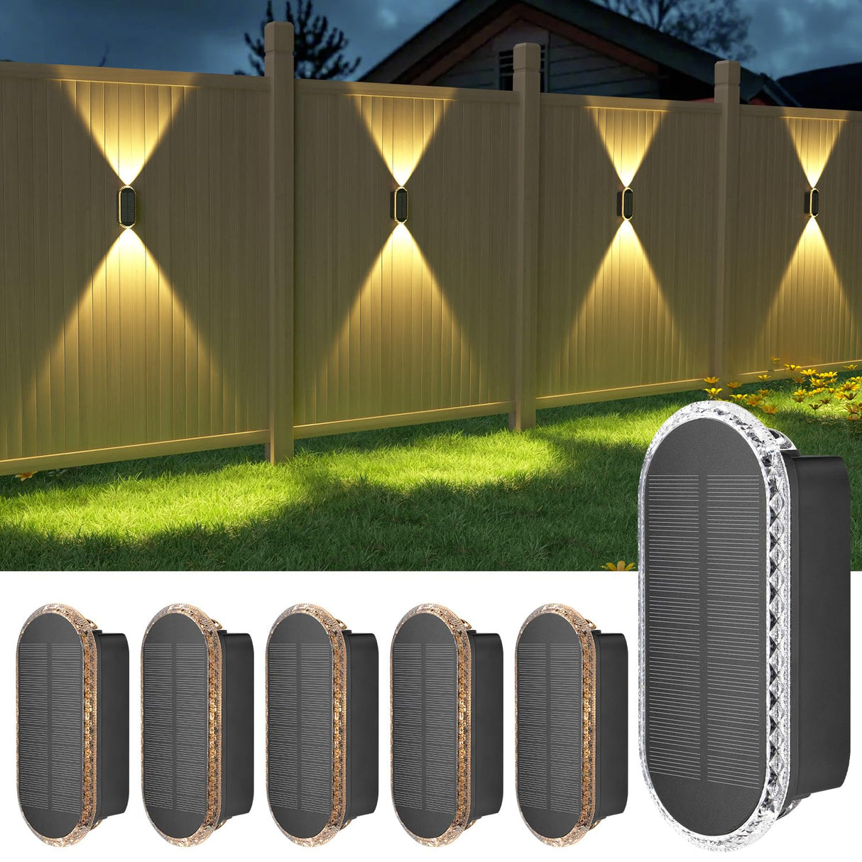 Ellasay Solar Fence Lights Outdoor: 6-Pack Solar Powered Wall Lights Up and Down Waterproof IP65-3 Color Brighter LED Focus Lens SolarLights Dusk to Dawn 12h for Patio/Backyard/Porch/Railing