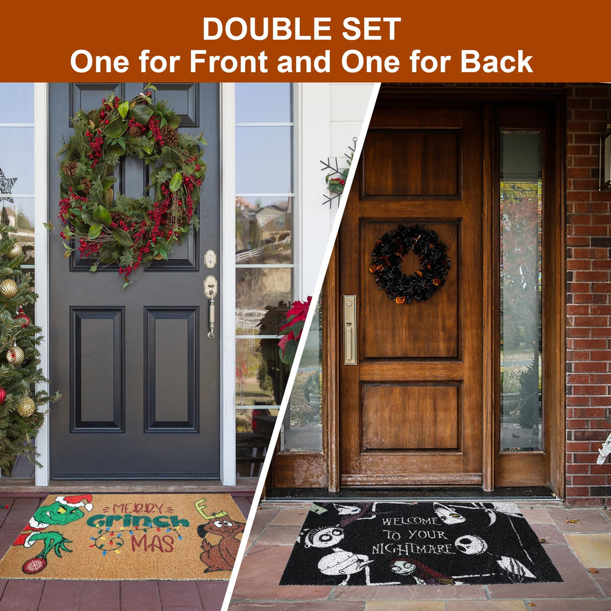 2 Pack Holiday Doormat Set, Halloween Mat & Christmas Mat, 31.5”x20” Non Slip Front Door Rugs, Seasonal Entryway Mats for Indoor Porch, Welcome & Merry Christmas Decor