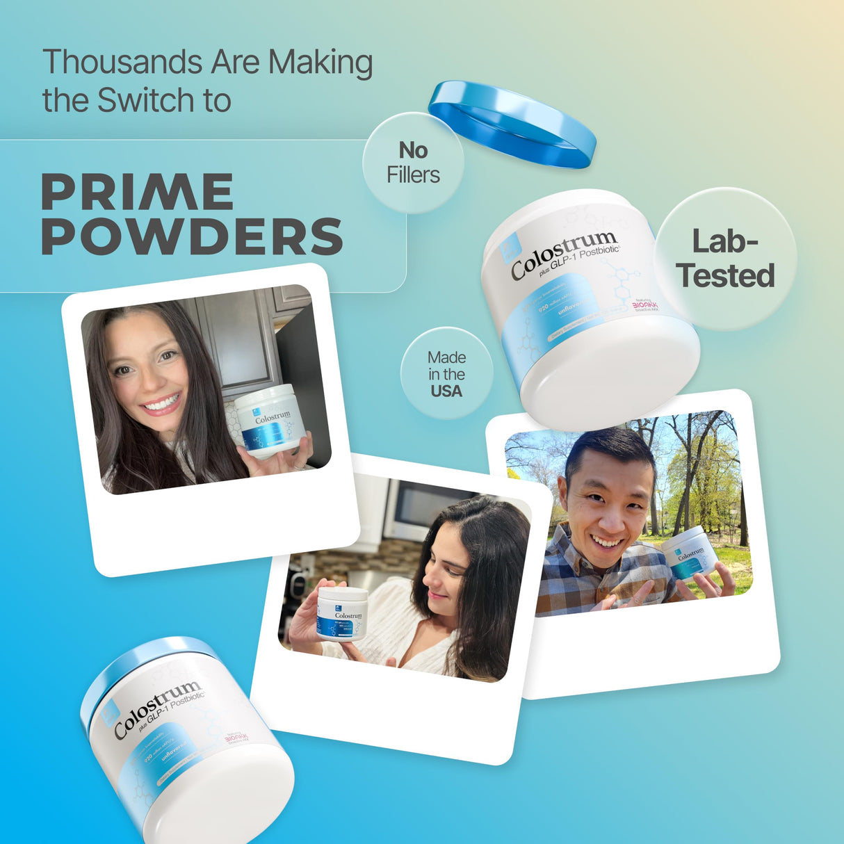 Prime Powders® Colostrum Grass-fed Powder with Akkermansia GLP-1 Probiotic, High IgG, Gut Lining & Immune Support, Growth Factors, Maximum Absorption, Unflavored Supplement (120 Servings)