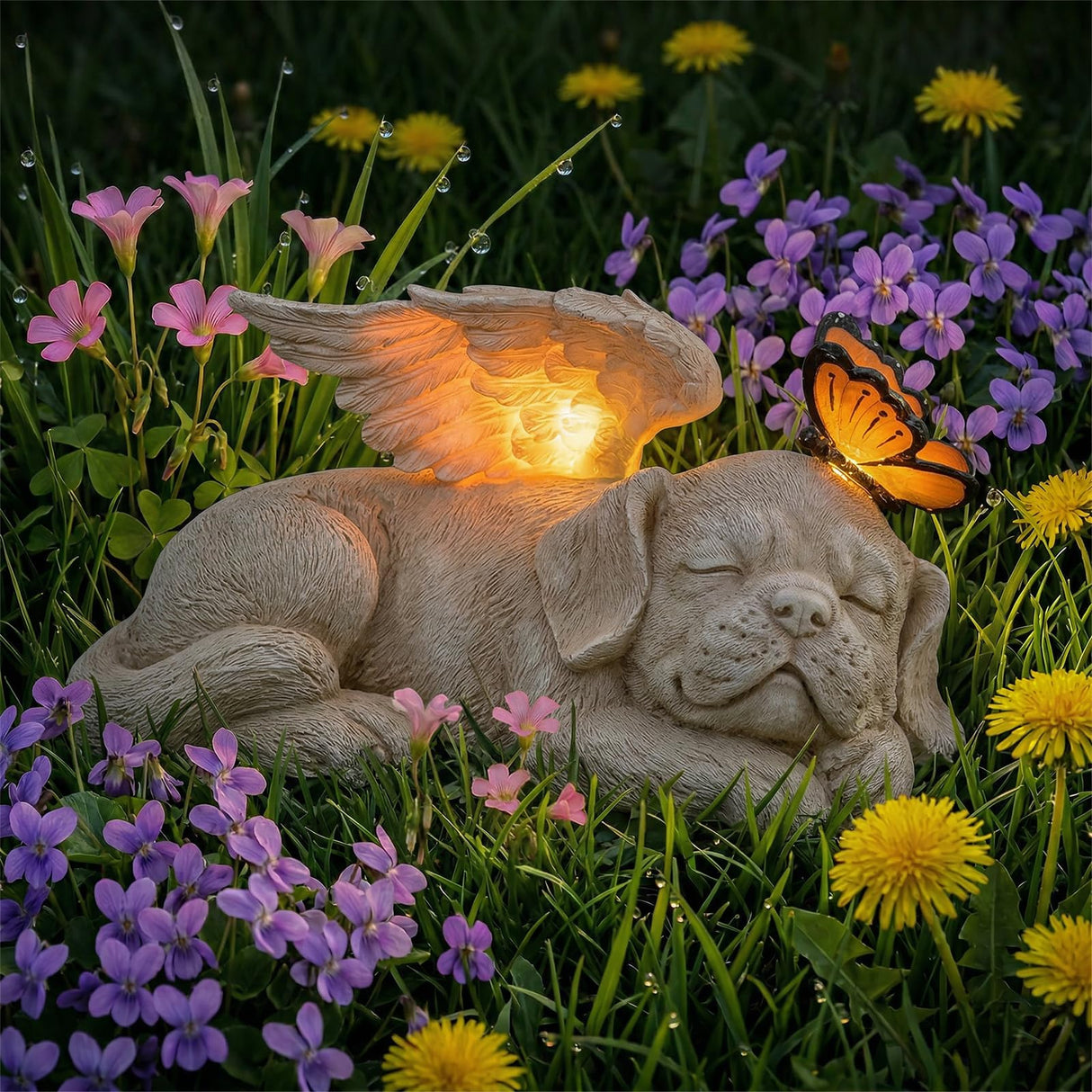 WONDER GARDEN Sleeping Dog Angel Statue with Solar Light - Pet Memorial Stone, in Memory of Dog, Marker Tribute Statues, Resin Guardian Angels, Bereavement Gift