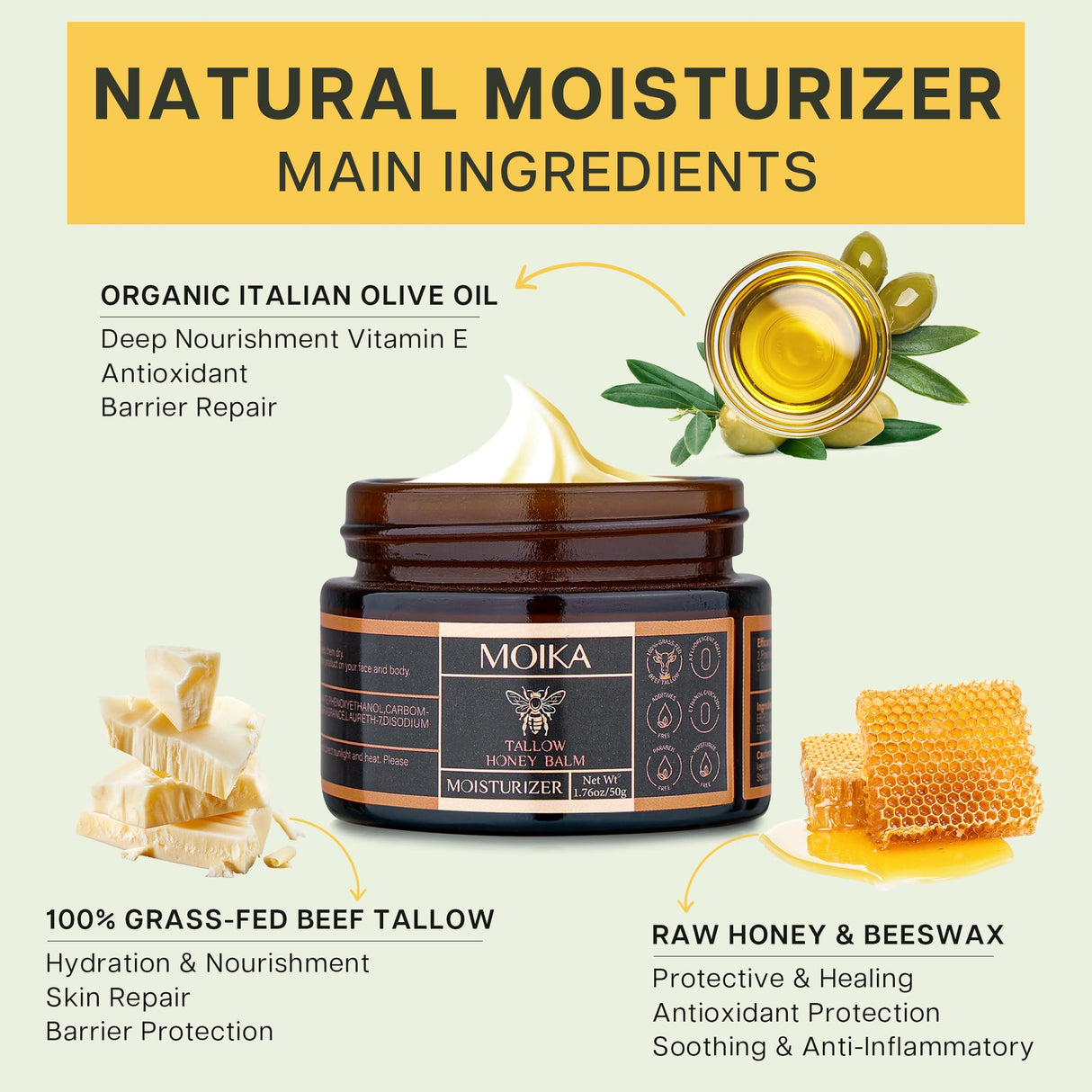 VRAIKO Tallow Honey Balm, Grass-Fed Beef Tallow Raw Honey Organic Olive Oil Moisturizing Cream for Face and Body, Handmade Natural Moisturizer for Soft Smooth Skin, 50g/1.8 oz