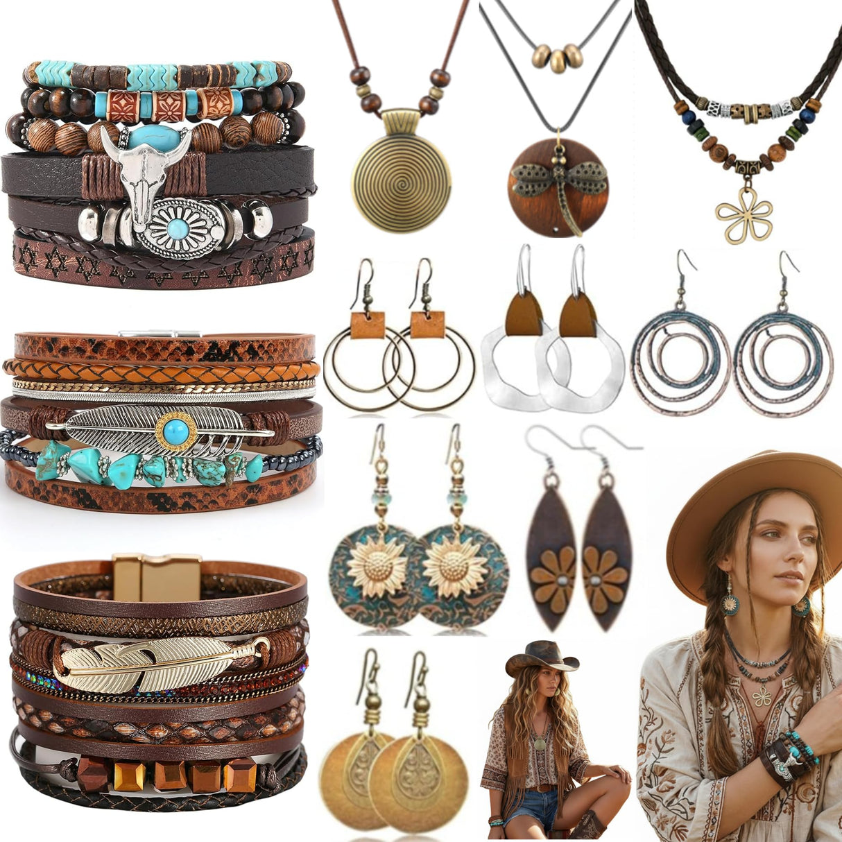 12 Pcs Boho Jewelry Set for Women Western Jewelry Long Pendant,Vintage