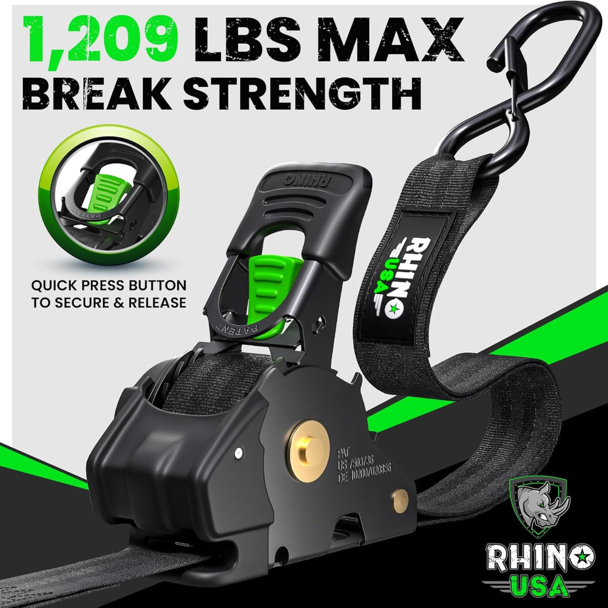 Rhino USA Retractable Ratchet Straps (2-Pack) - 1 Inch x 10 Feet (1,209lb Break Strength) - Auto Self Retracting Tie Down Straps for Truck, Cargo Trailer, Motorcycle, ATV, UTV - Black