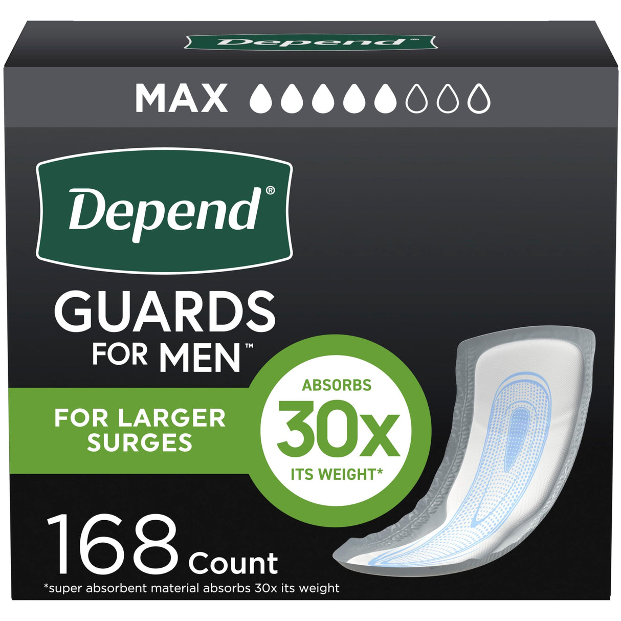 Depend Guards Incontinence Pads for Men, Maximum Absorbency, 168 Count (2 Packs of 84), Packaging May Vary