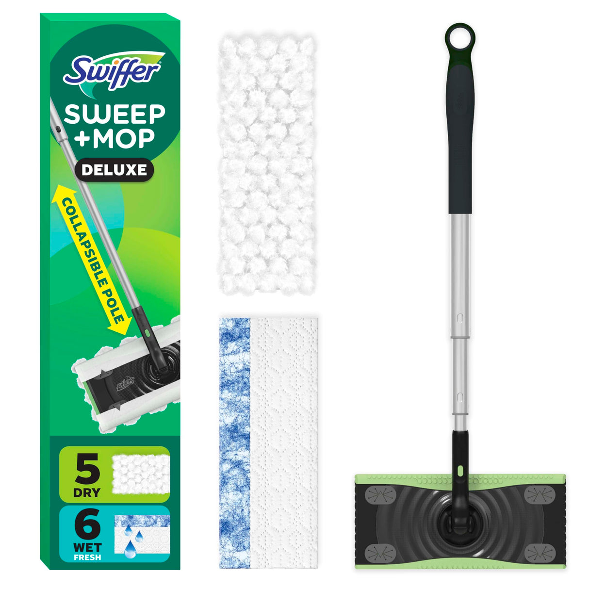 Swiffer Sweep & Mop Deluxe 2-in-1 Floor Mopping and Sweeping Kit, Multi-Surface Kit for Floor Cleaning, Kit Includes 1 Sweeper Device, 5 Heavy Duty Dry Sweeping Cloths, 6 Heavy Duty Wet Mopping Cloths