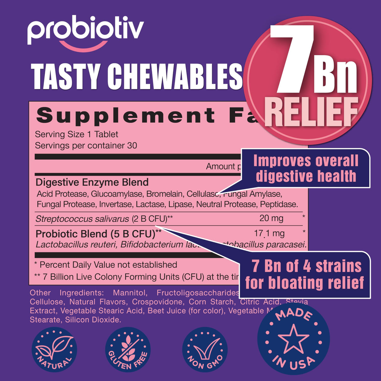 Probiotiv Anti Gas & Bloating Relief for Women and Men 7 Billion CFU – Chewable Probiotics & Lactobacillus Reuteri, Daily Digestive Enzymes Debloating for Women, Aids Digestion & Digestive Health