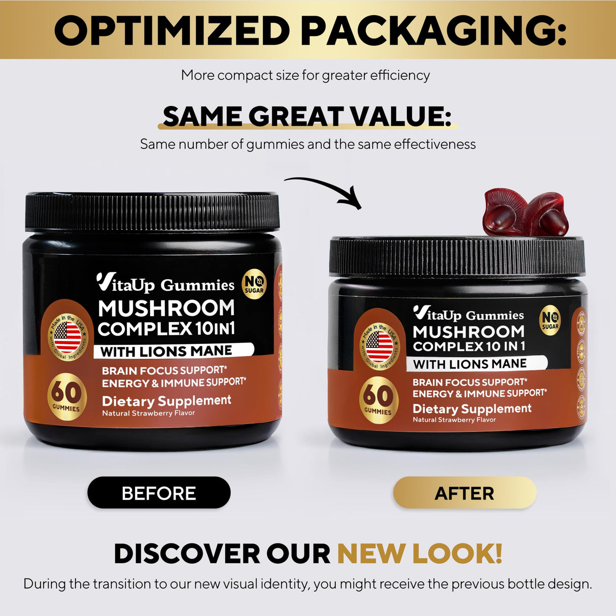 VitaUp Mushroom Gummies for Adults - USA Made 10 in 1 Mushroom Supplement - Mushroom Complex with Lions Mane, Cordyceps, Turkey Tail, Reishi, Shiitake for Cognitive & Immune Support - 60 Count