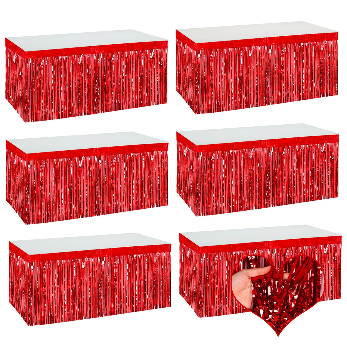 6 Pack 29x108 Inch Red Metallic Foil Fringe Table Skirts Banner for Tinsel Streamer Garland Curtains Backdrop for Parade Floats Wedding Baby Shower Birthday Christmas Halloween Party Decoration