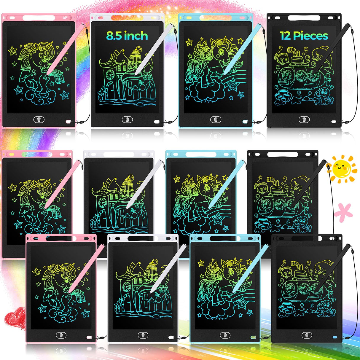 Tinlade 12 Pack LCD Writing Tablets for Kids, 8.5 Inch Erasable Doodle Boards Portable Electronic Drawing Pads, Learning Bulk Toys Gifts for Christmas School(Pink, Light Blue, White, Black)