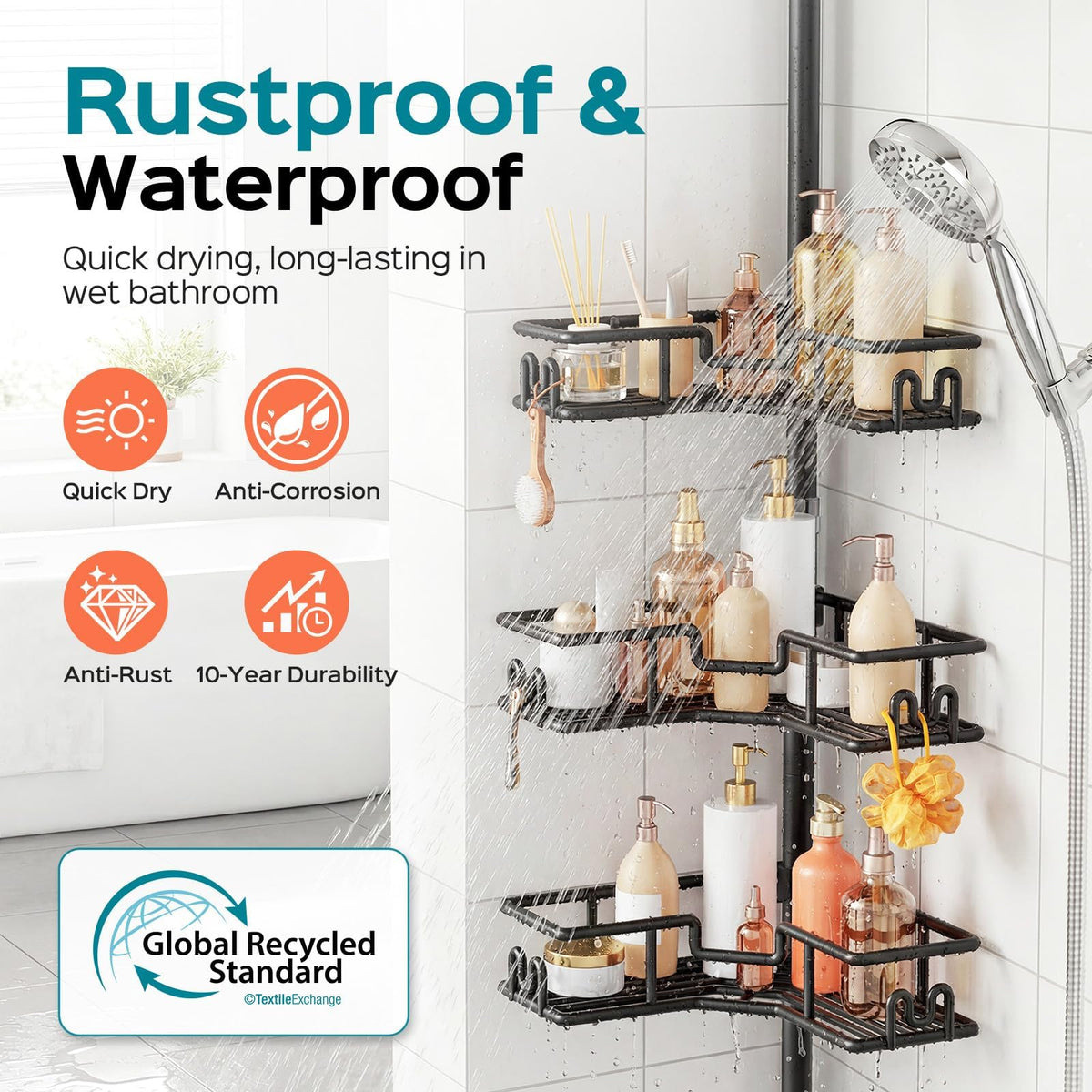 HAMITOR Corner Shower Caddy Tension Pole: 4-Tier Adjustable Shelf Black