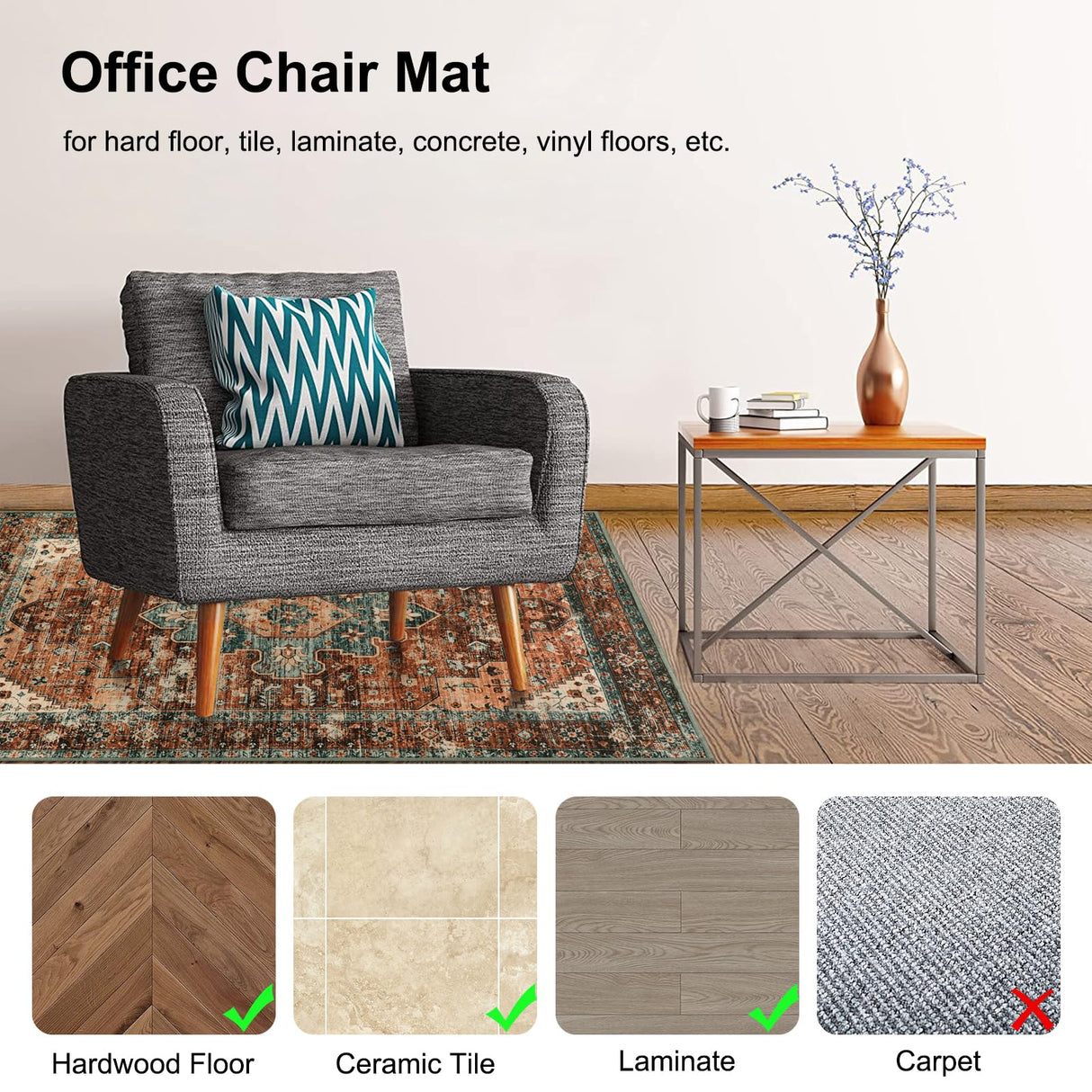 Anidaroel 36"x48" Chair Mat for Hardwood Floor/Tile Floor, Desk Chair Mat for Hard Floors, Under Desk Rug Protector for Rolling Chair, Computer Gaming Chair Mat, Low Pile Carpet Floor Mat
