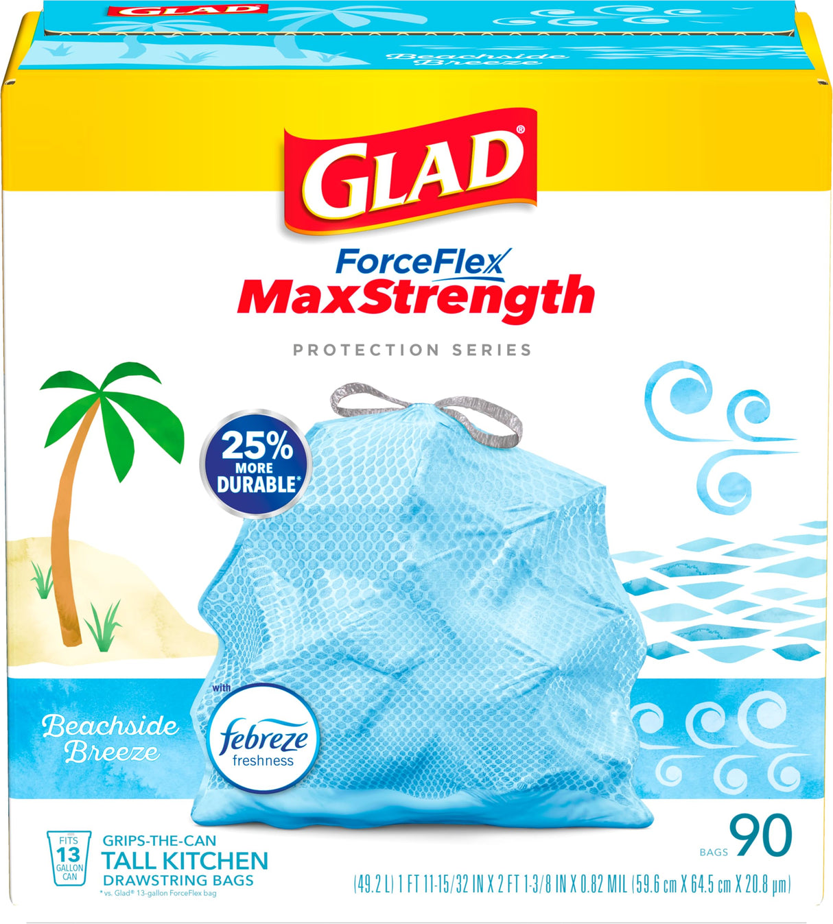 Glad ForceFlex MaxStrength Tall Kitchen Trash Bags, 13 Gal, Beachside Breeze, 90 Ct, Pack May Vary