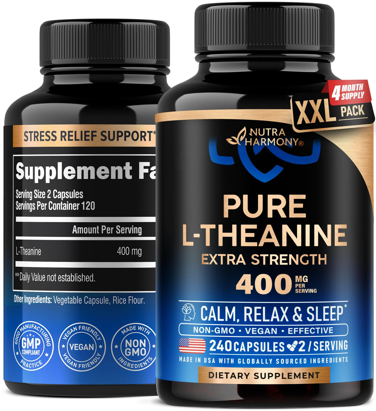 L Theanine 400 mg | L-Theanine Stress Relief | Extra Strength Supplement | Made in USA | Relaxation, Sleep & Calm Support | for Men & Women | Plant Based, Non-GMO & Gluten-Free | 240 Vegan Capsules