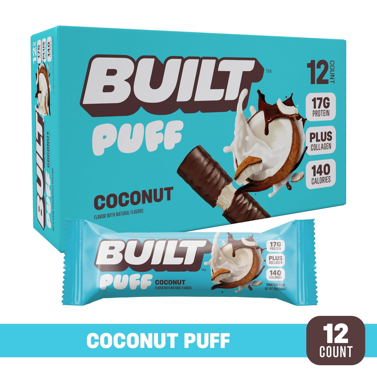 Built Bar, Puff Protein Bars, Coconut Puff, 17g Protein Snacks, On-The-Go Bars, Only 140 Calories, 6g Sugar, Collagen, Gluten Free, 12 Count