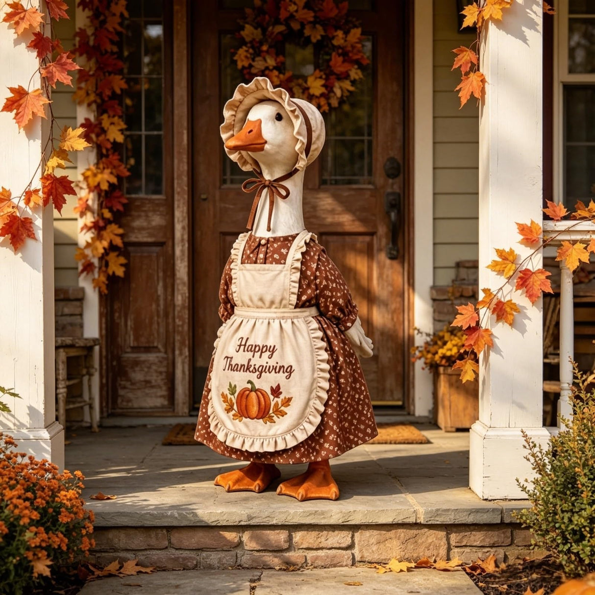 Thanksgiving Pilgrim Porch Goose Outfits Fits 23'' Lawn Goose Statue Fall Pumpkin Dress with ''Happy Thanksgiving'' Apron & Bonnet Costume for Autumn Yard, Patio Garden Decor (Brown, 23 inch)