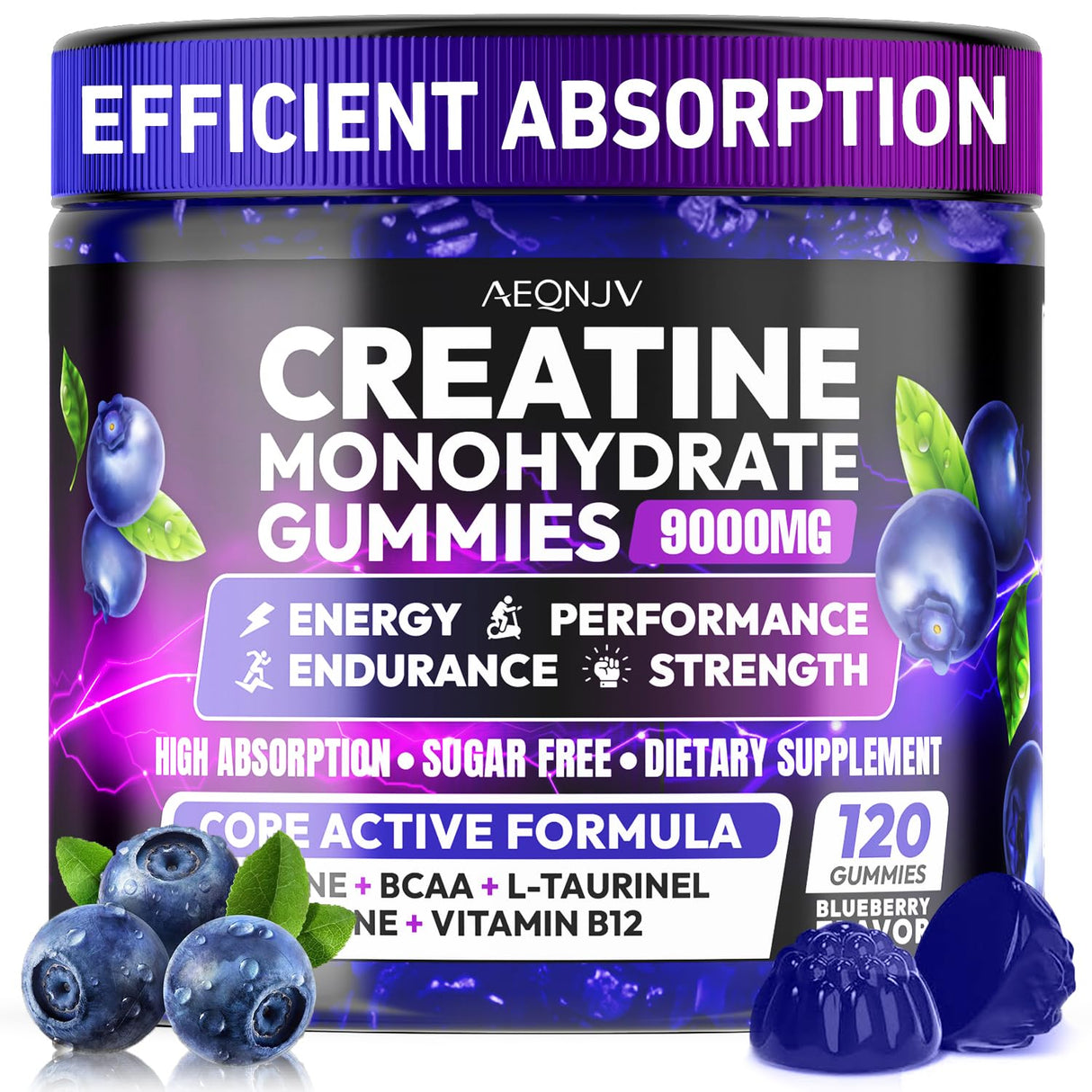 AEQNJV Creatine Gummies Monohydrate Complex for Men & Women, 9000MG Creatine Pre-Workout Supplement Enhance Muscle Strength Recovery Cognitive Health & Memory, 120 Gummies Sugar Free Vegan Non-GMO