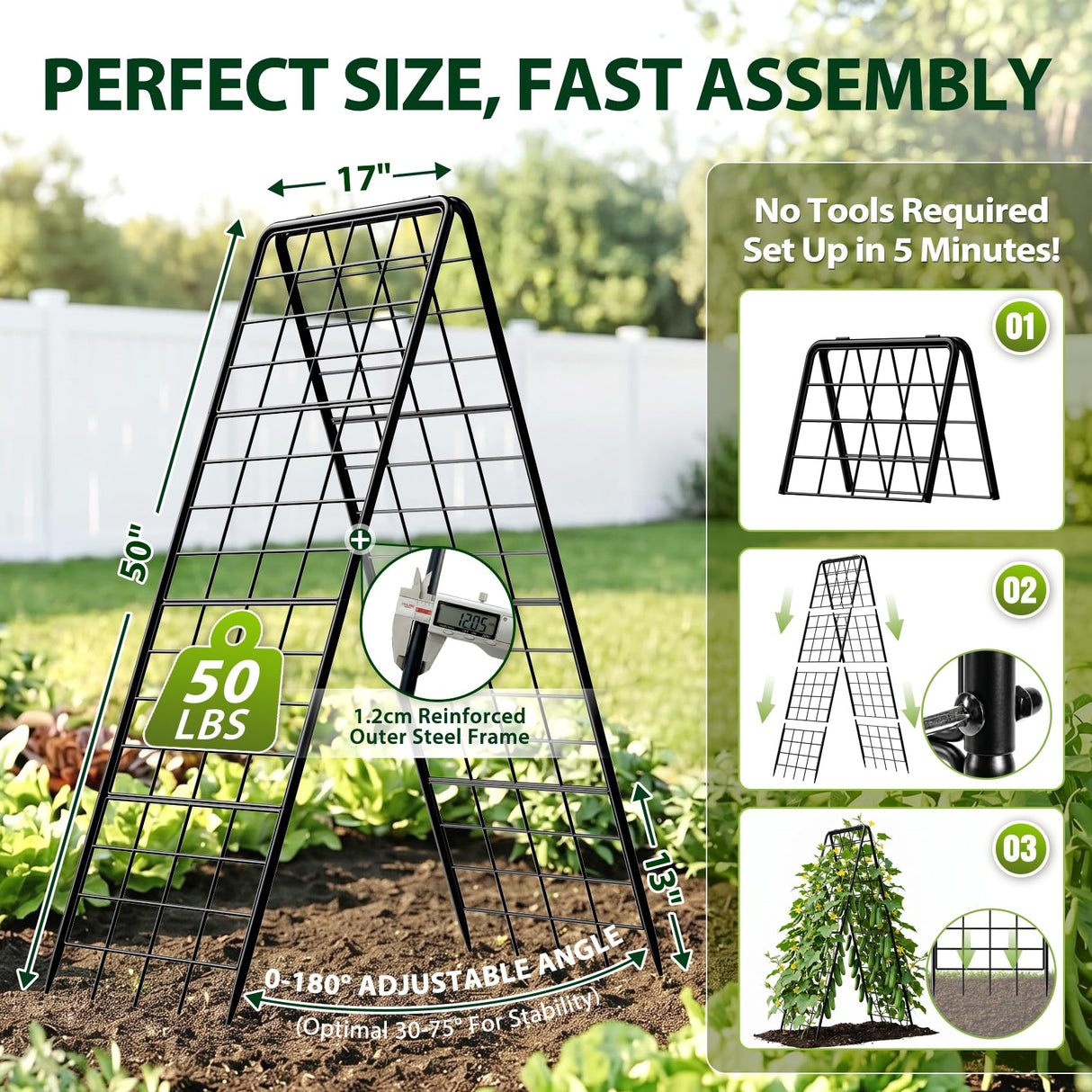 Heavy Duty 2 Pack 50"x17" Adjustable A-Frame Trellis for Climbing Plants Outdoor, Metal Rust-Proof Garden Trellis, Dense Grid Climbing Frame Trellis for Raised Beds, Cucumber, Tomatoes Outdoor