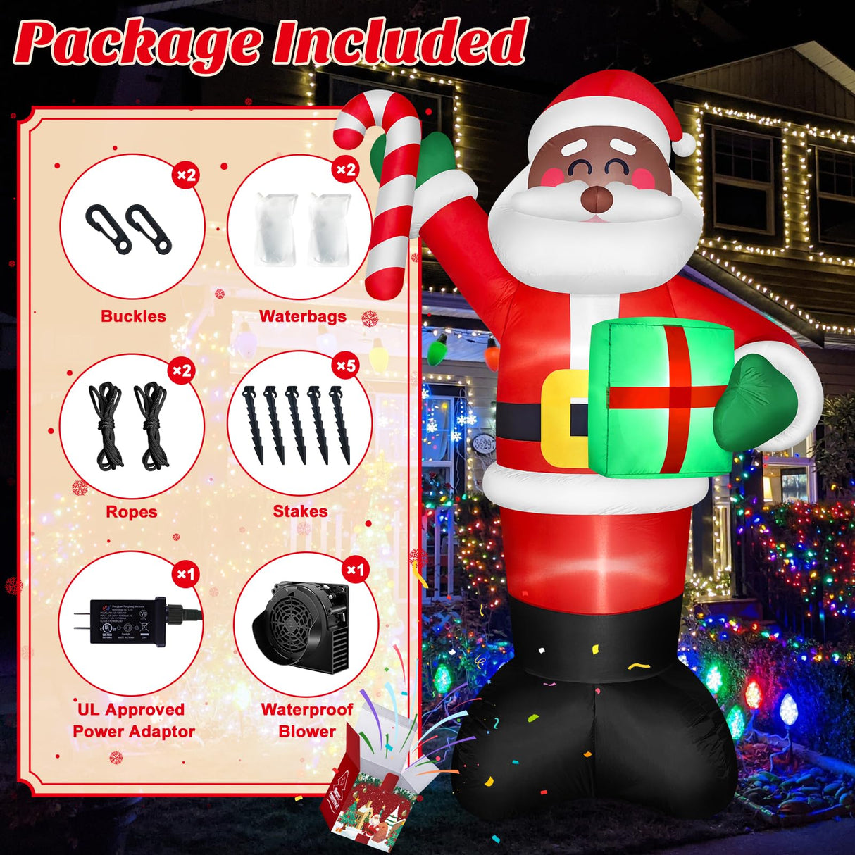 8 FT Tall Giant Black Santa Inflatable Christmas Decorations Outdoor Candy Cane & Gift Box, Build in LED Lights Funny Merry Xmas Blow Ups Yard Decoration for Outside Holiday Winter Indoor Patio Lawn