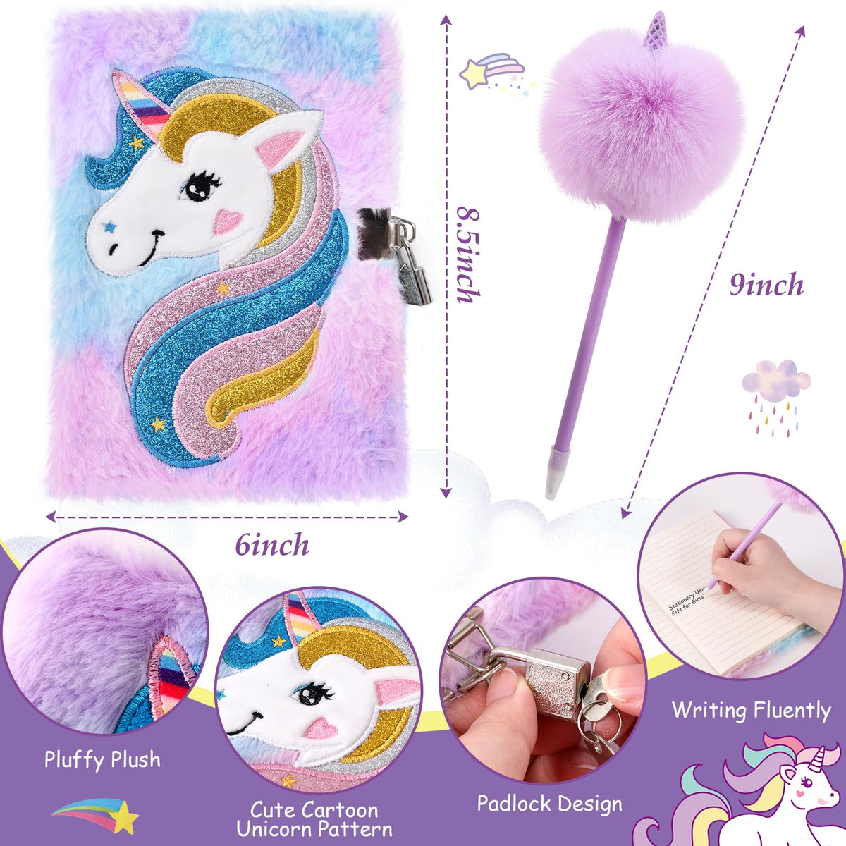 Tacobear Unicorn Gifts for Girls Age 6-10, 9PCS Unicorn Gift Set with Wired Headphones, Lock Diary, Insulated Cup, Coin Pouch, Socks, Mirror & Pen, Christmas Birthday Gifts for Kids 6 7 8 9 10 11 12