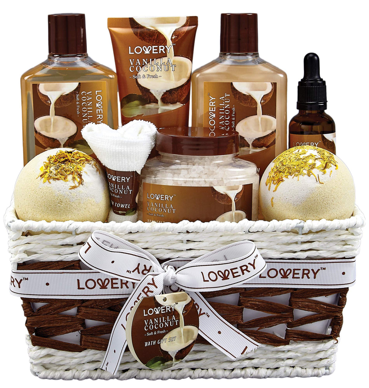 Gifts For Women Gift Basket for Womenβ 9 Piece Set of Vanilla Coconut Home Spa Set, Luxurious Gifts for Her, Bath and Body Sets Includes Fragrant Lotions, Large Bath Bombs, Coconut Oil