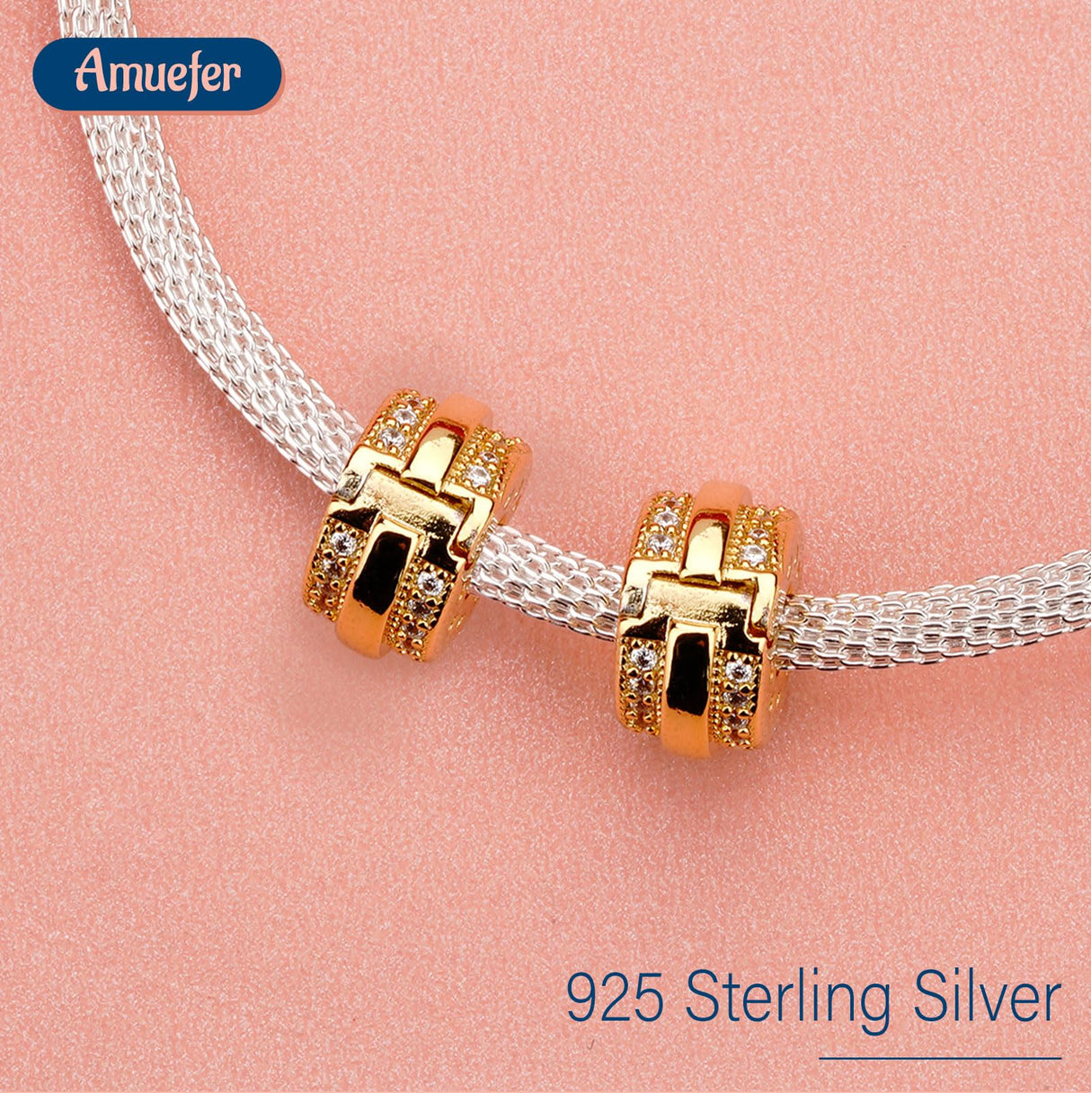 Amuefer 14K Gold Plated Sparkling Pavé Lines Clip Charms for Bracelets 925 Sterling Silver with Cubic Zirconia Spacer Bead Birthday Christmas Jewelry Gifts for Women(2 Pcs)