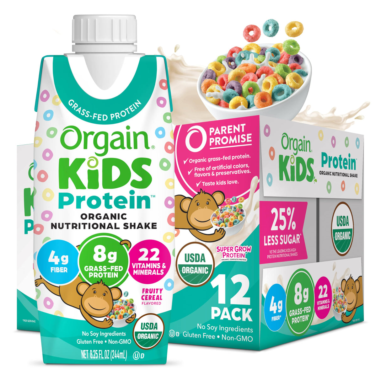 Orgain Organic Kids Nutritional Protein Shake, Fruity Cereal - Kids Snacks with 8g Dairy Protein, 22 Vitamins & Minerals, Fruits & Vegetables, Gluten Free, Soy Free, Non-GMO, 8.25 Fl Oz (Pack of 12)