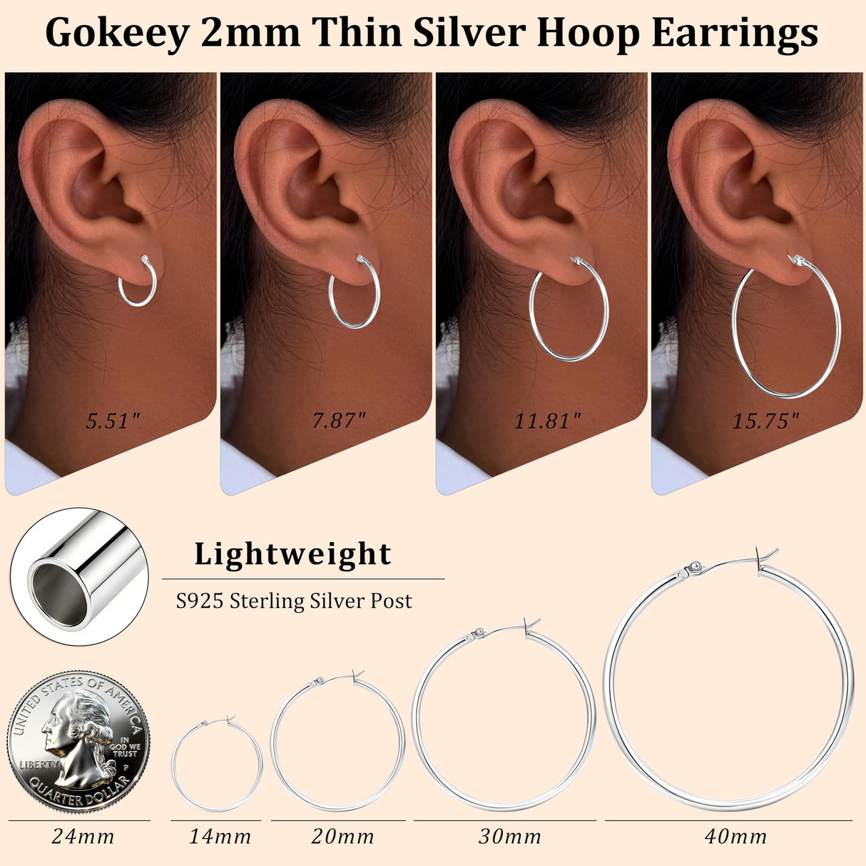 Gokeey Silver Earrings for Women Trendy, Hypoallergenic Silver Hoop Earrings for Women, Small Hoop Earrings Huggie Hoops Earrings for Jewelry Gifts 14mm 20mm 30mm 40mm