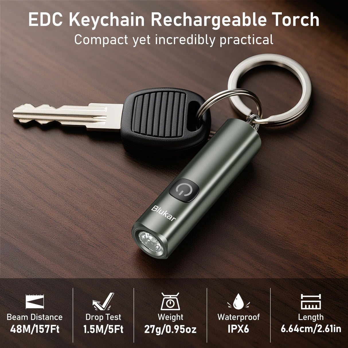 Blukar Rechargeable EDC Flashlight, Mini Keychain Flash Light with 3 Lighting Modes, Memory Function, Waterproof, Compact and Portable Pocket Light for Everyday Carry, Emergency,Camping-Gray