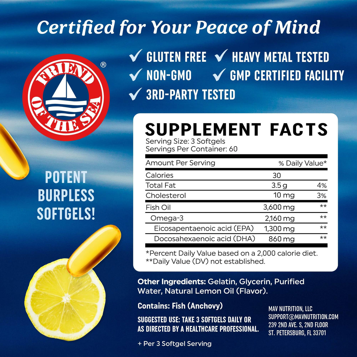 Triple Strength Omega 3 Fish Oil 3600 mg | EPA & DHA | Over 2100mg Omega-3 Fatty Acids | 1300mg EPA + 860mg DHA | Best Essential Fatty Acids | Premium Wild Caught & Burpless Fish Oil | 180 Ct