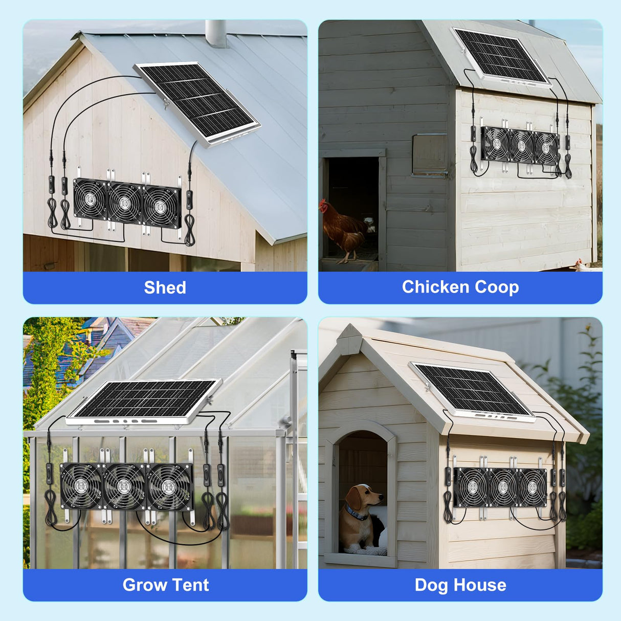 ZIZIWIN 5.5" Solar Chicken Coop Fan 3 Kit, 30W Solar Powered Greenhouse Fan, Solar Exhaust & Intake Fans Outdoor Waterproof, for Outside Shed Doghouse Ventilation Air Circulation Cooling, No Battery