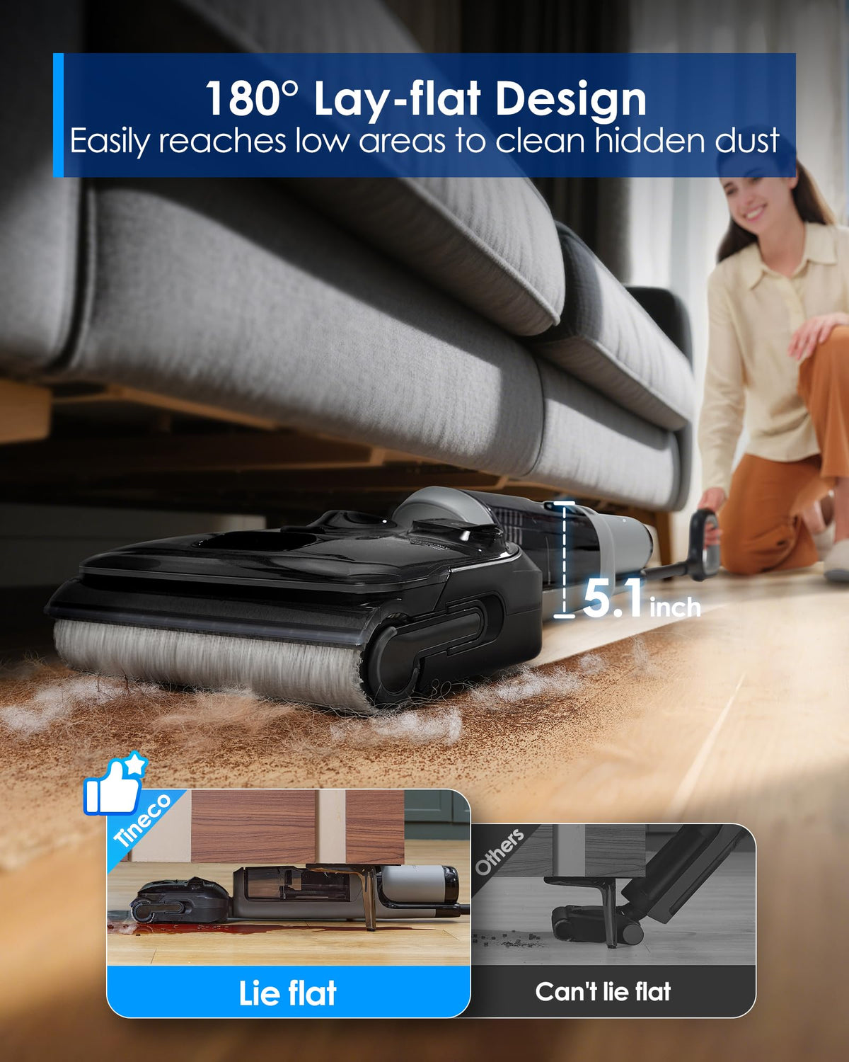 Tineco Floor ONE i5 Stretch Wet Dry Vacuum Cleaner, Vacuum & Mop in One Step, 20kpa Powerful Suction, 180° Lay-Flat Design, Anti-Tangle Design, Dual-Sided Edge Cleaning, Up to 30* Minutes Runtime
