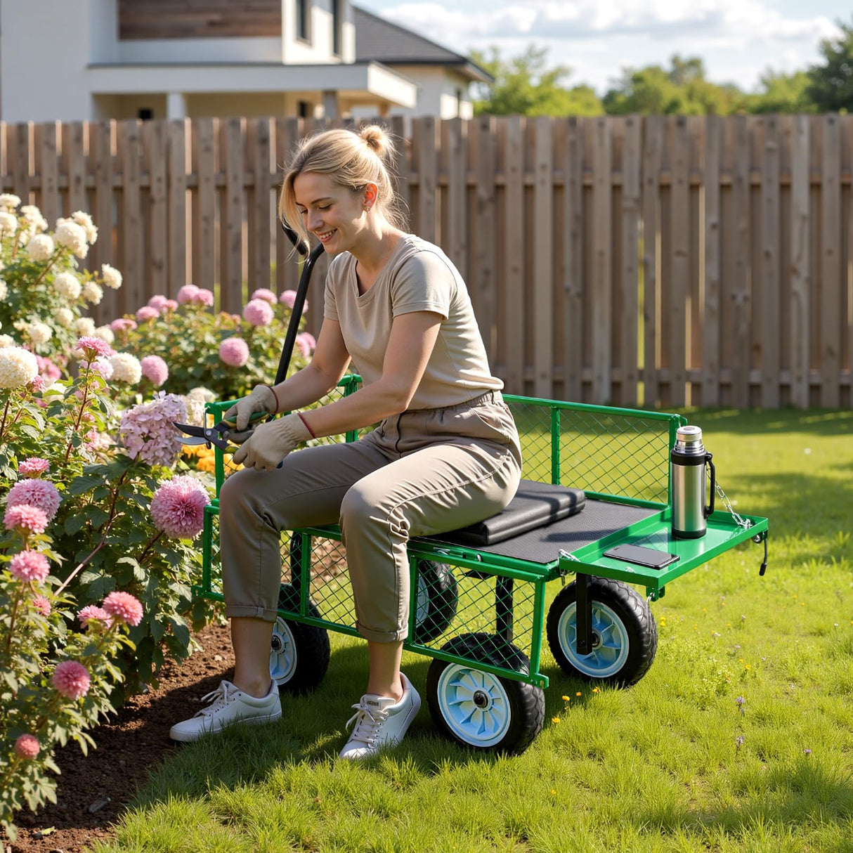VEVOR 500 LBS Steel Garden Cart with Work Seat, Heavy Duty Garden Wagon Cart on Wheels, Outdoor Metal Utility Yard Wagon Gardening Stool with 10inch Flat Free Tires & Adjustable Handle, Green
