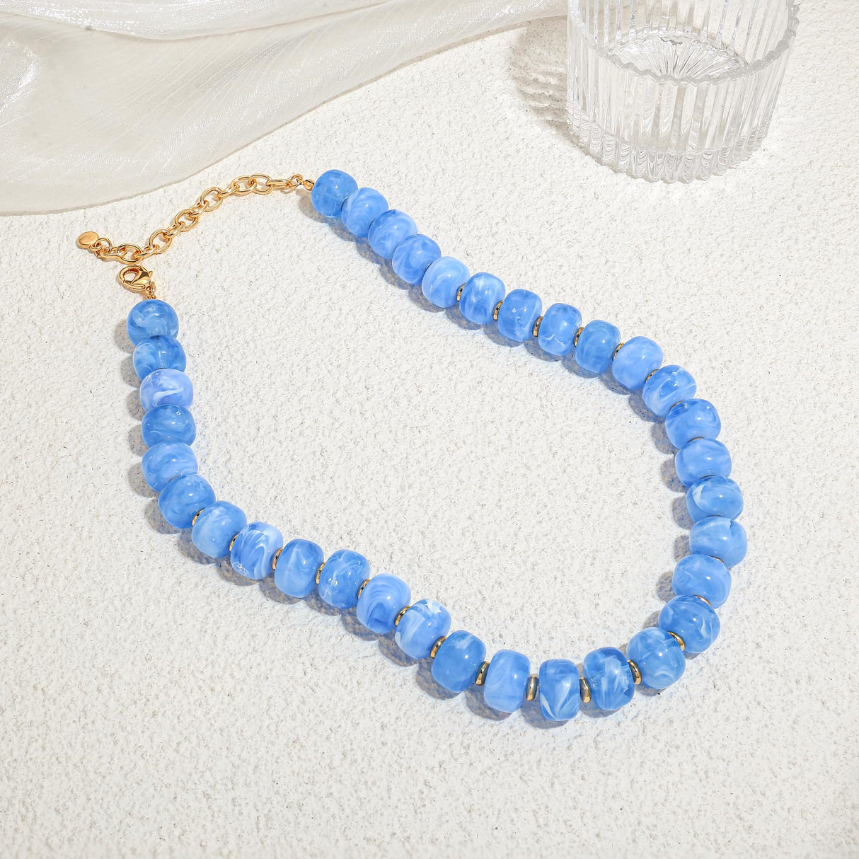 WOWORAMA Blue Beaded Necklaces for Women Light Blue Resin Beads Choker Necklace Statement Chunky Necklace Ocean Summer Vacation Jewelry