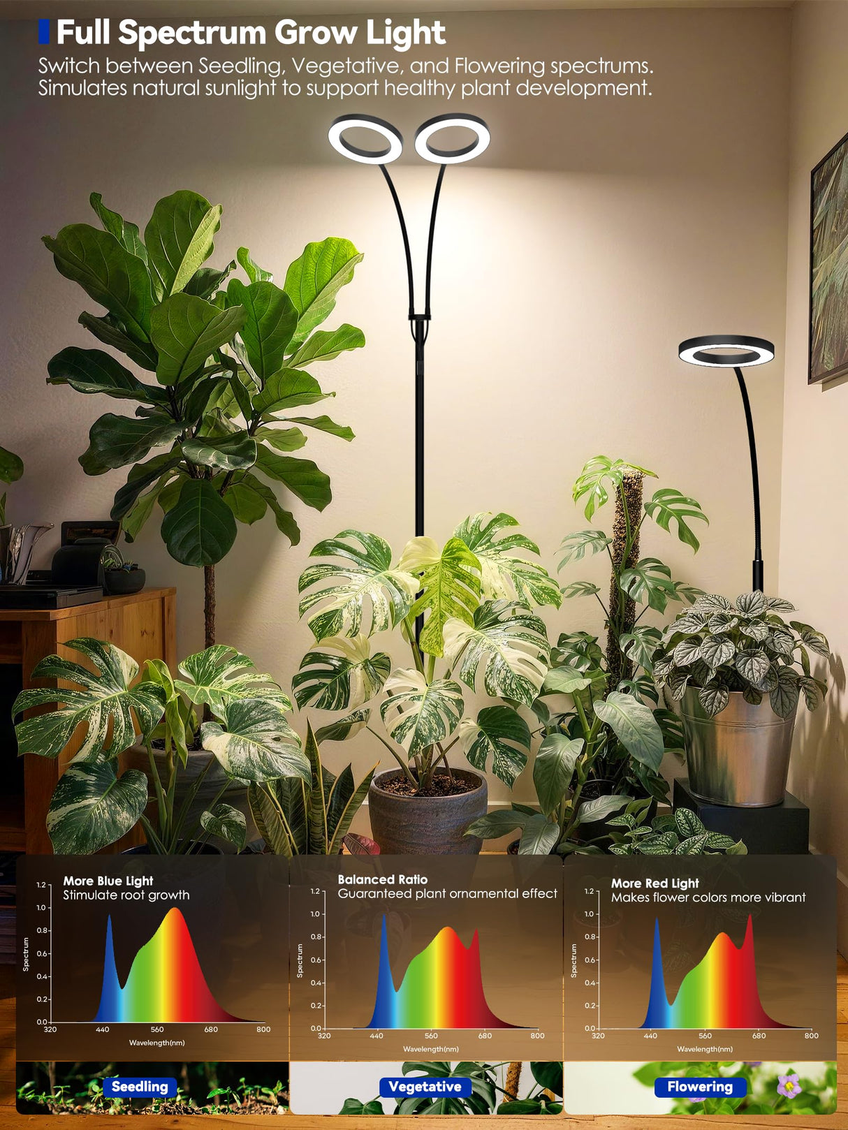 GLOWRIUM Grow Lights for Indoor Plants, Full Spectrum LED Grow Light Floor Lamp with Stand Adjustable Height and Angle, Black Plant Light with 3/9/12H Grow Light Timer (Black, Single Head)