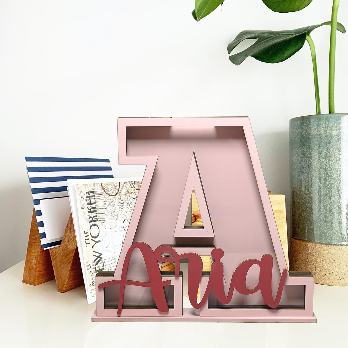 Personalized Name Letter Piggy Bank, 10 Inch Large Wooden Piggy Bank for Kids, 26 Letters Custom Wood Money Box Gift for Boys Girls Christmas Birthday