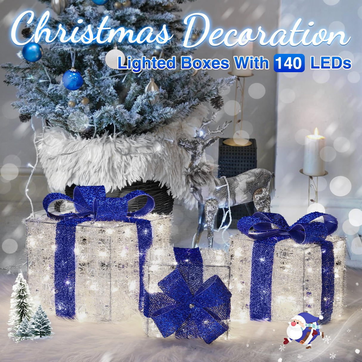 Blue Christmas Decorations, Christmas Lighted Gift Boxes 140 LEDs Light Up Presents Christmas Decor, 8 Modes & Timer Function Plug-in Set of 3 Lighted Christmas Boxes for Xmas Holiday Indoor Outdoor