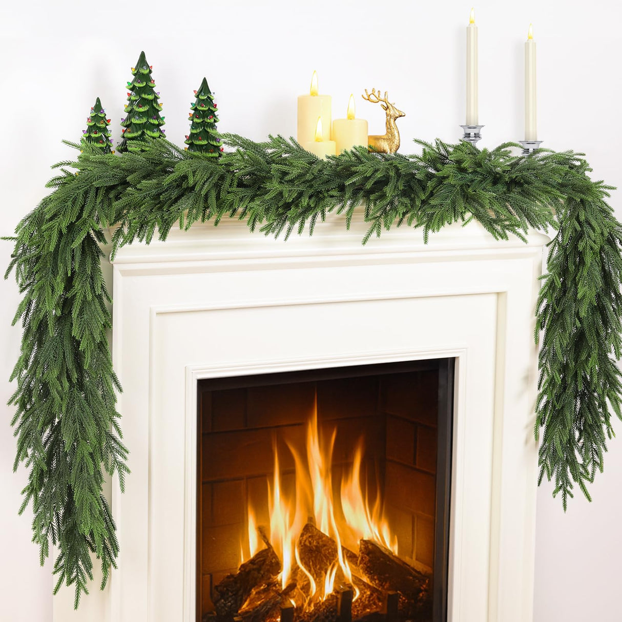 TOWPONICS 12FT(2 * 6FT) Christmas Norfolk Pine Garland, Real Touch Faux Green Garlands, Winter Artificial Greenery Garland for Mantle, Stairs, Table, Fireplace, Indoor & Outdoor Xmas Decorations