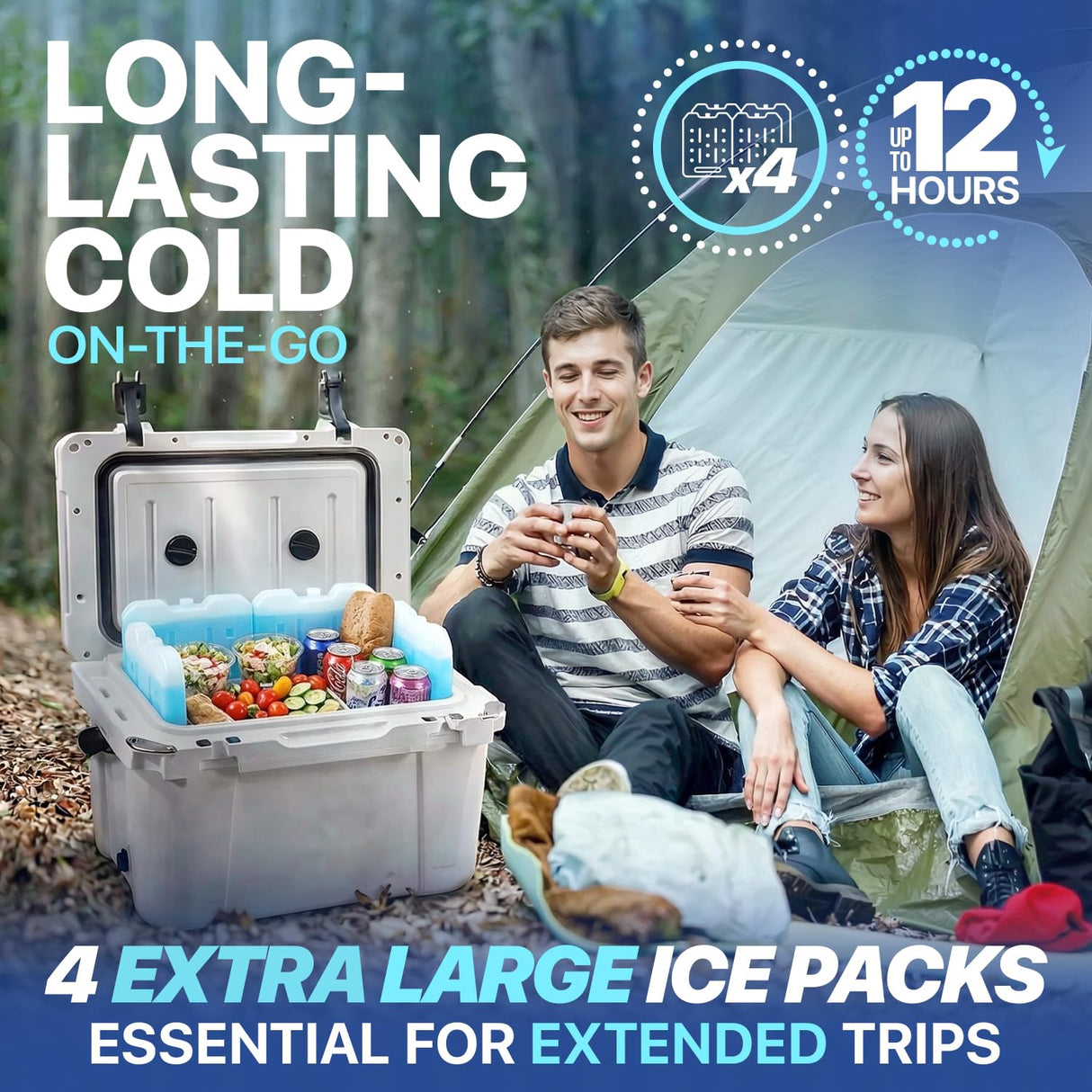 RIDGECOOL 4 Pack Reusable Extra Large Ice Packs for Cooler, Long Lasting Freezer Packs for Camping, Beach, and Road Trips, Cooler Ice Packs BPA-Free Non-Toxic, 10.28"x 7.80"