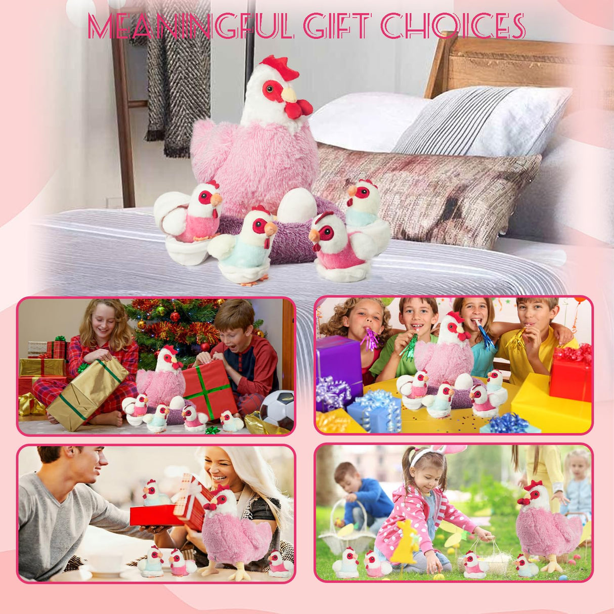 9 in 1 Chicken Stuffed Animal Set, Stuffed Chicken Toys for Kids Egg Laying Hen with Coop, Baby Chicks Plush Chickens and Eggs for Girls Kids Christmas Birthday Easter Gifts Farm Party Decor (Pink)