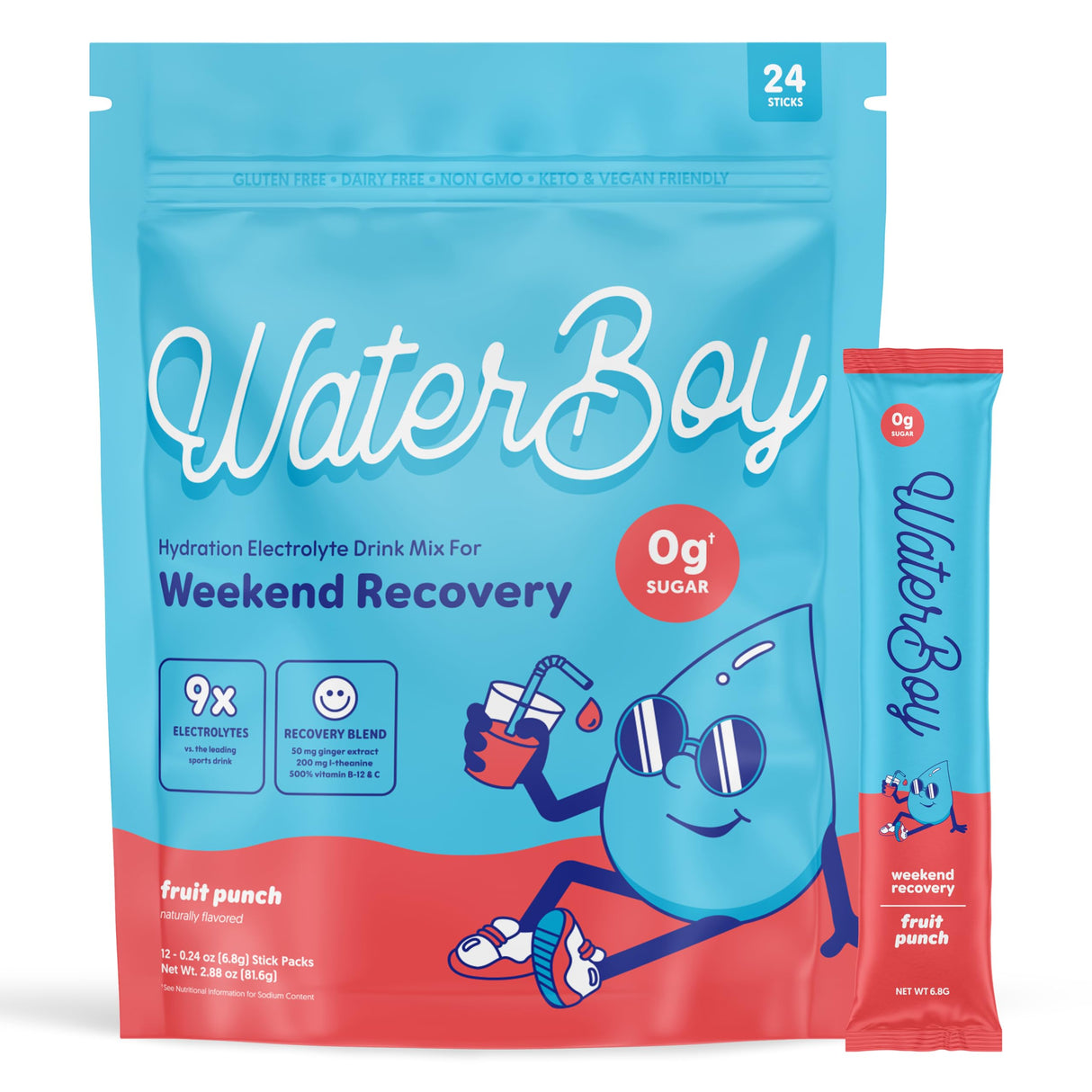 Waterboy Weekend Recovery | 3,200mg Electrolyte Powder Packets | Ginger + L-Theanine + Vitamins | No Sugar, All Natural, Gluten Free | 24 Drink Stick Mixes (Fruit Punch)